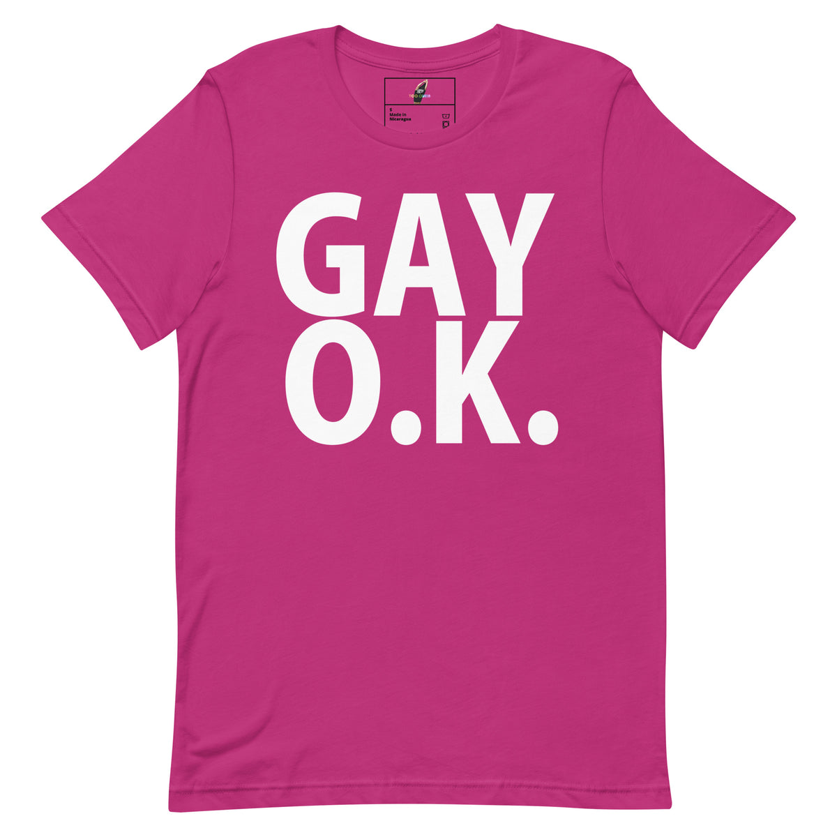A bright pink short-sleeve t-shirt with the words 'GAY O.K.