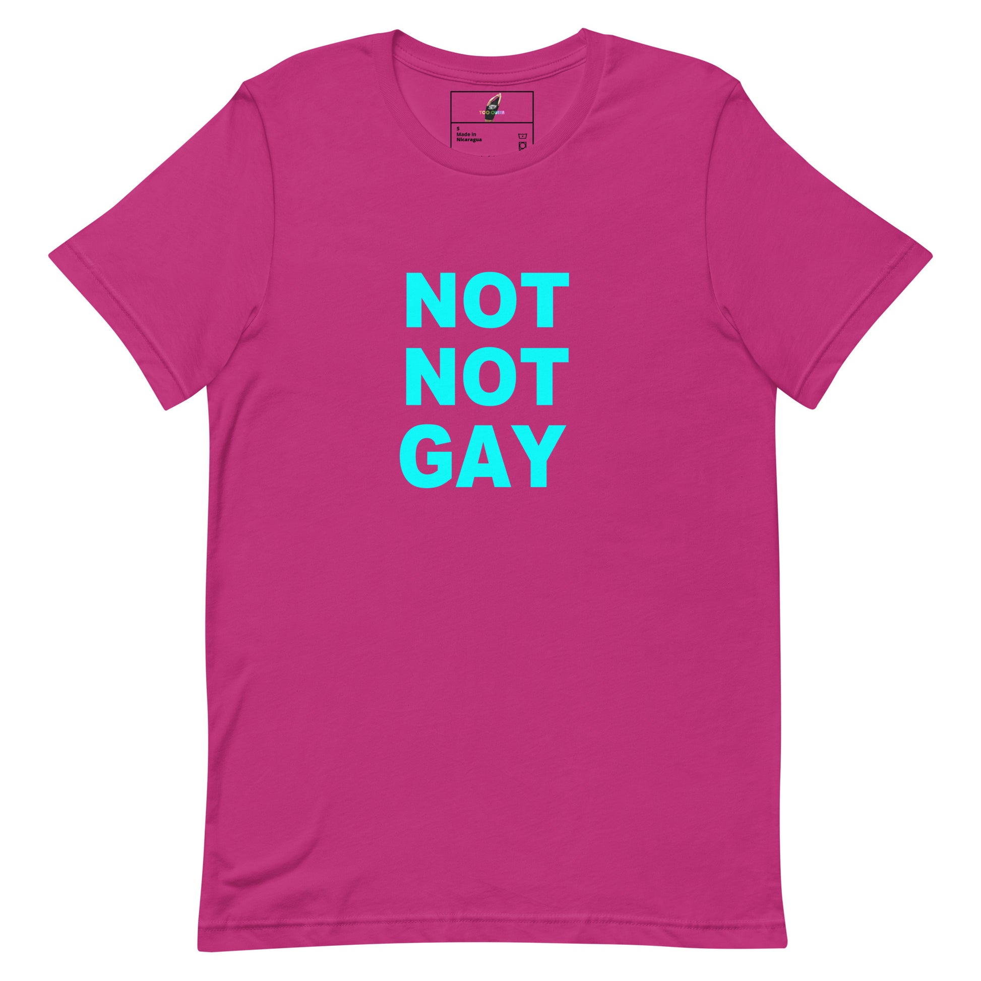 A bright pink short-sleeve t-shirt with the text 'NOT NOT GAY' printed in bold turquoise block letters on the chest, displayed flat against a solid white background.