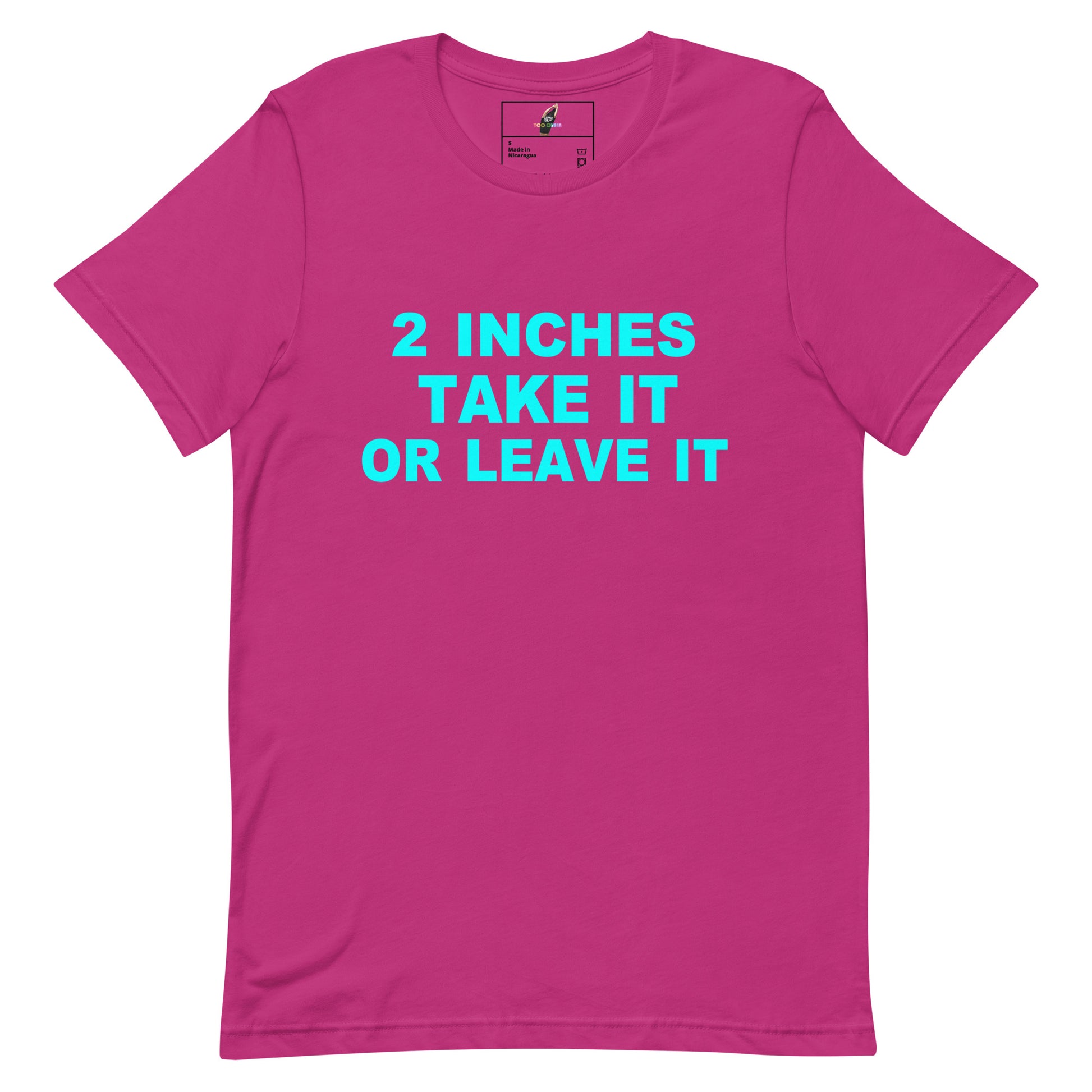 A bright pink short-sleeve t-shirt with the text '2 INCHES TAKE IT OR LEAVE IT' printed in light blue across the chest, displayed on a solid white background.