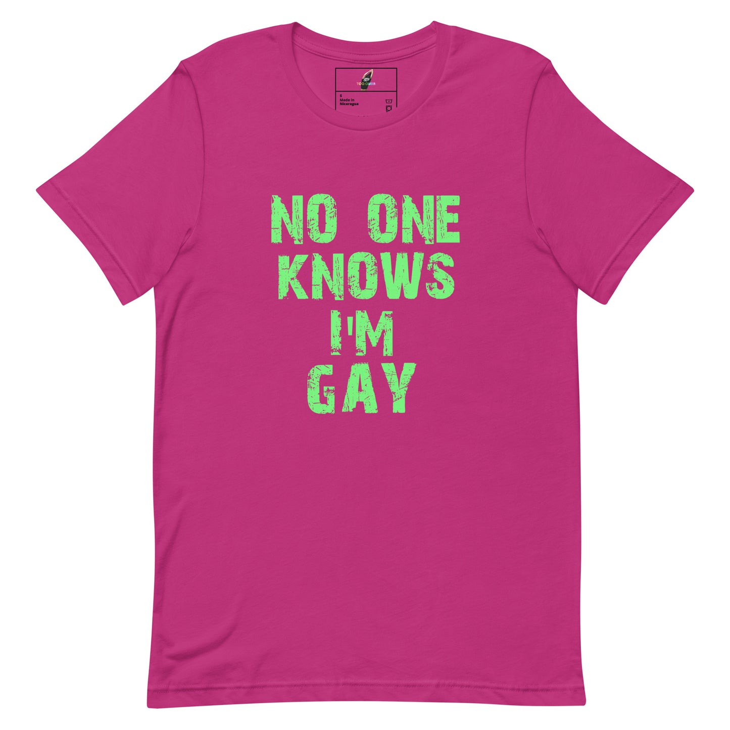 A bright pink short-sleeve t-shirt with the text 'NO ONE KNOWS I'M GAY' printed in a distressed neon green font on the front, displayed against a solid white background.