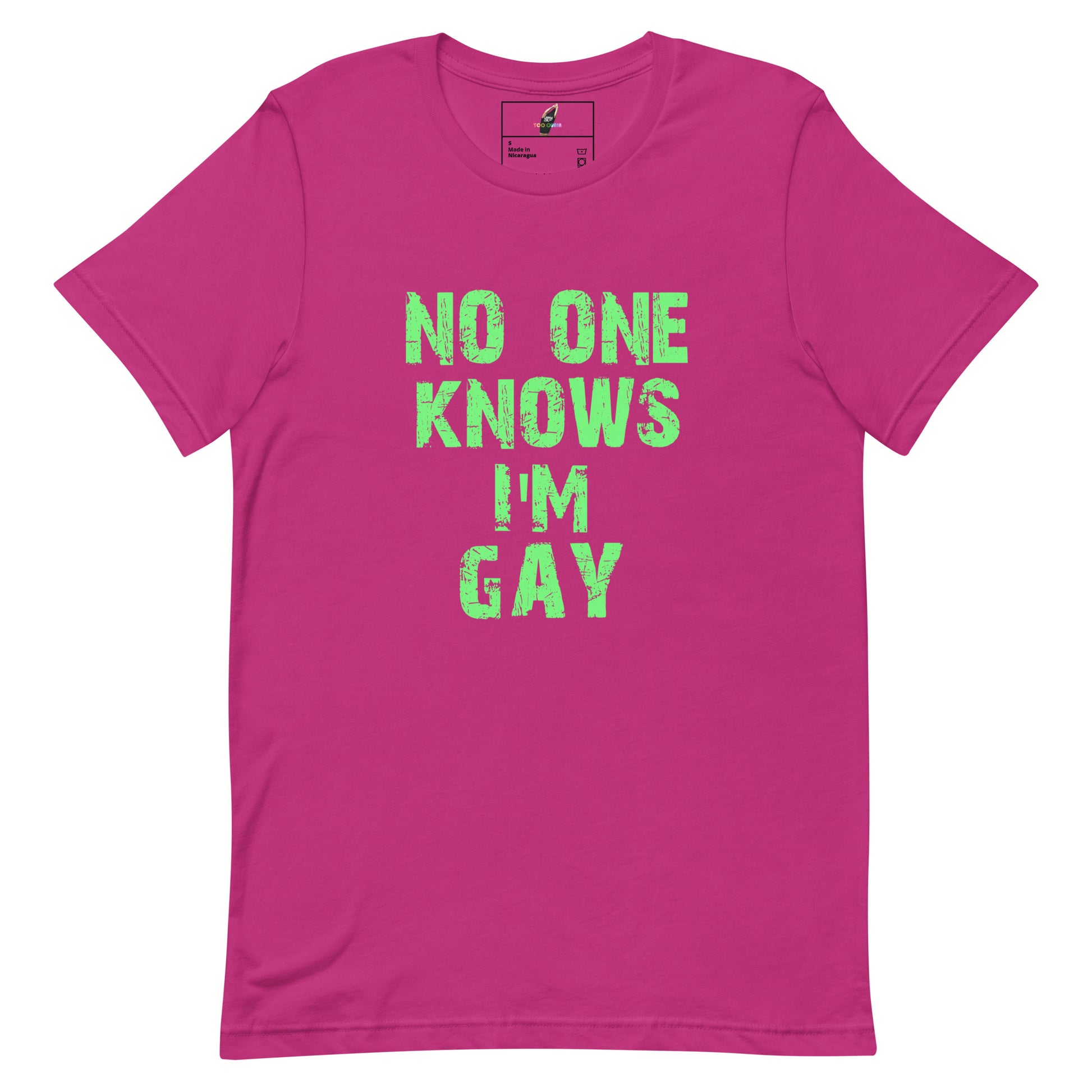 A bright pink short-sleeve t-shirt with the text 'NO ONE KNOWS I'M GAY' printed in a distressed neon green font on the front, displayed against a solid white background.