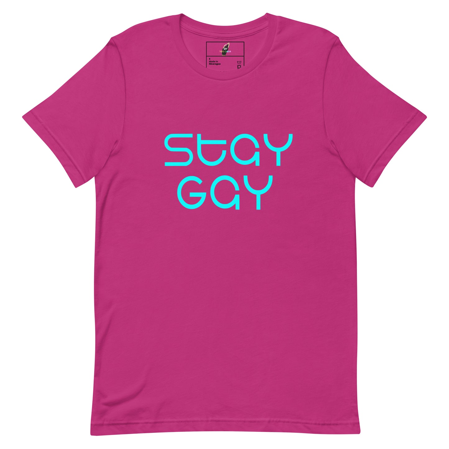 A bright pink short-sleeve t-shirt with the words 'stay GAY' printed in a bold, stylized light blue font across the chest, displayed on a clean white background.