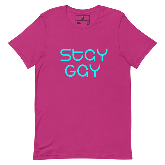 A bright pink short-sleeve t-shirt with the words 'stay GAY' printed in a bold, stylized light blue font across the chest, displayed on a clean white background.