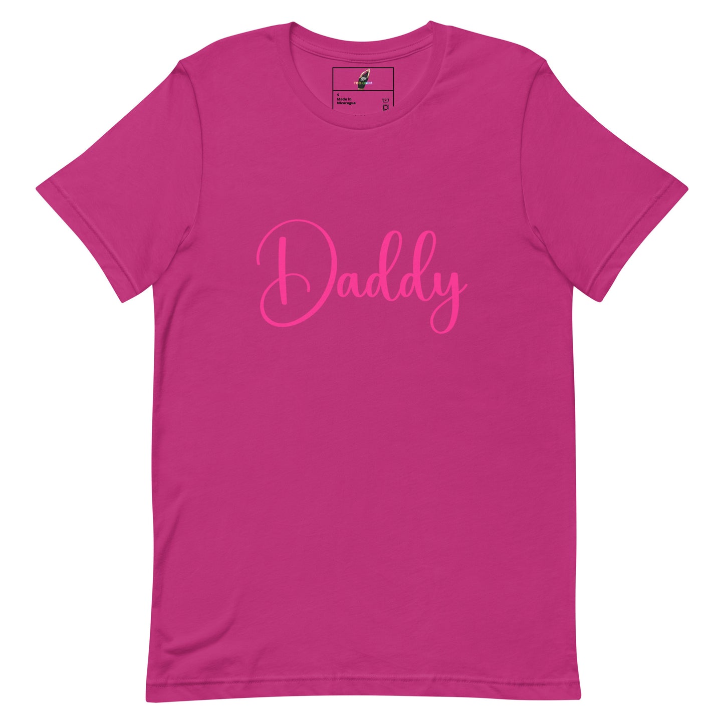 Pink t-shirt with Eiffel Tower design and 'Eiffel in Love' text on a white background