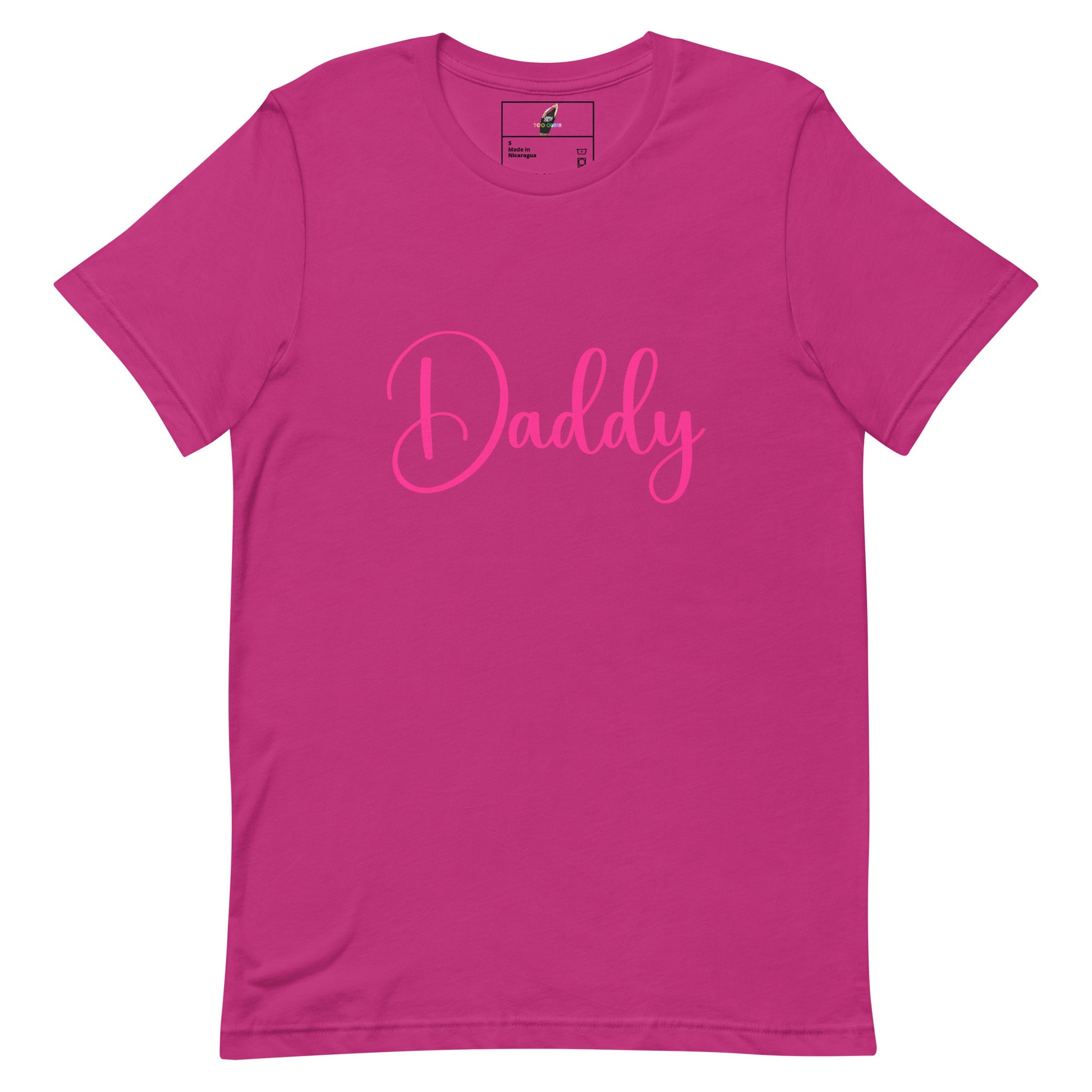 Pink t-shirt with Eiffel Tower design and 'Eiffel in Love' text on a white background