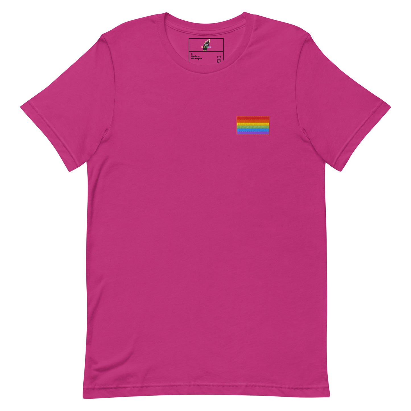 A bright pink short-sleeve crewneck t-shirt with a small rainbow pride flag printed on the left chest, displayed on a clean white background.
