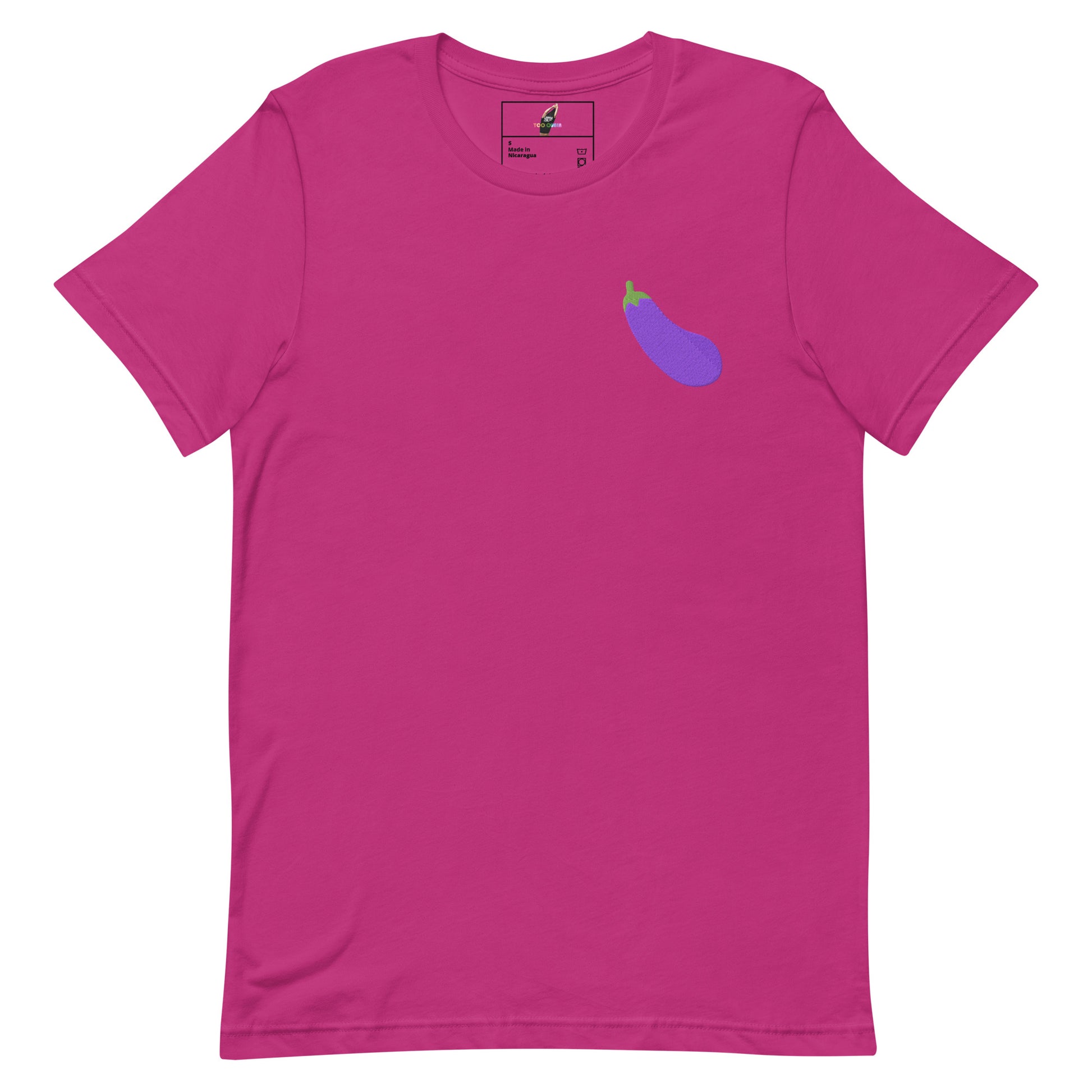 A bright magenta pink short-sleeve crewneck t-shirt featuring a small purple eggplant graphic on the left chest, displayed on a clean white background.
