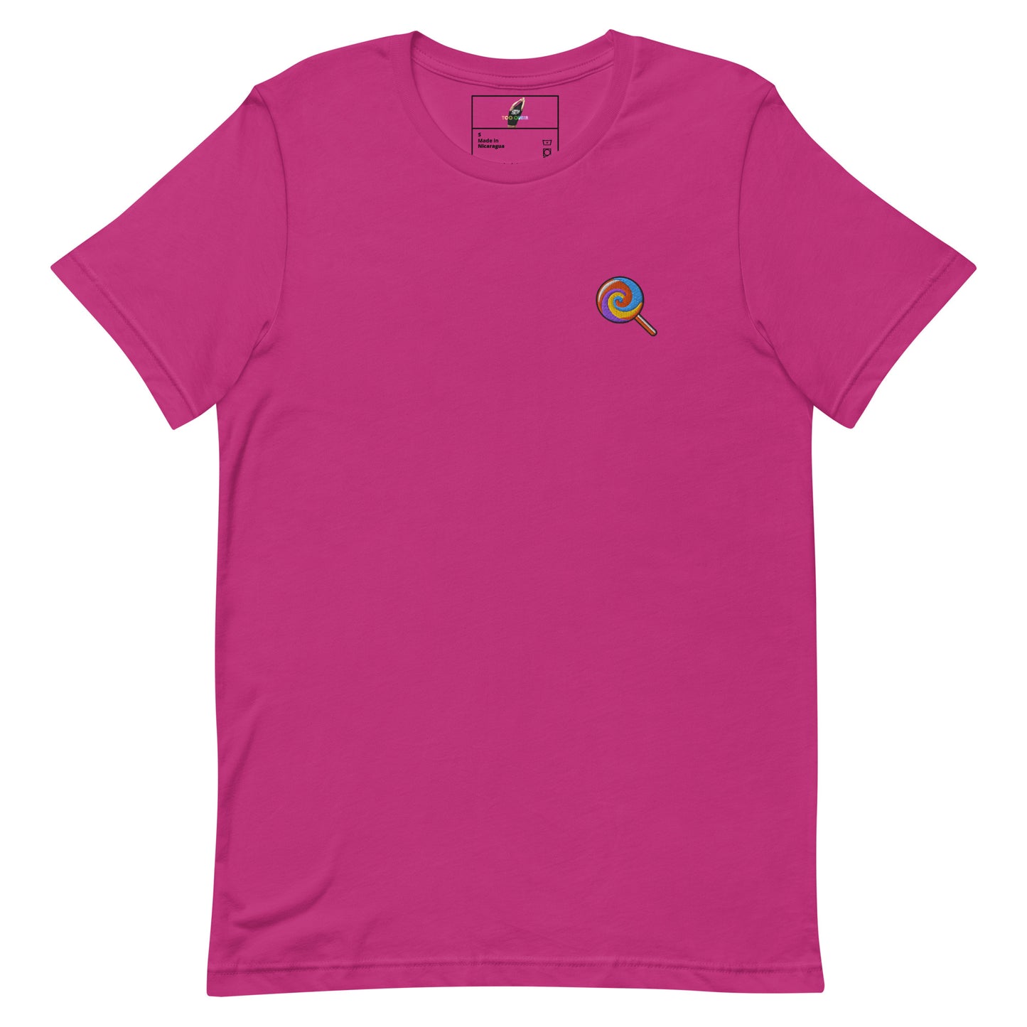 Pink t-shirt with a small logo on the chest against a white background