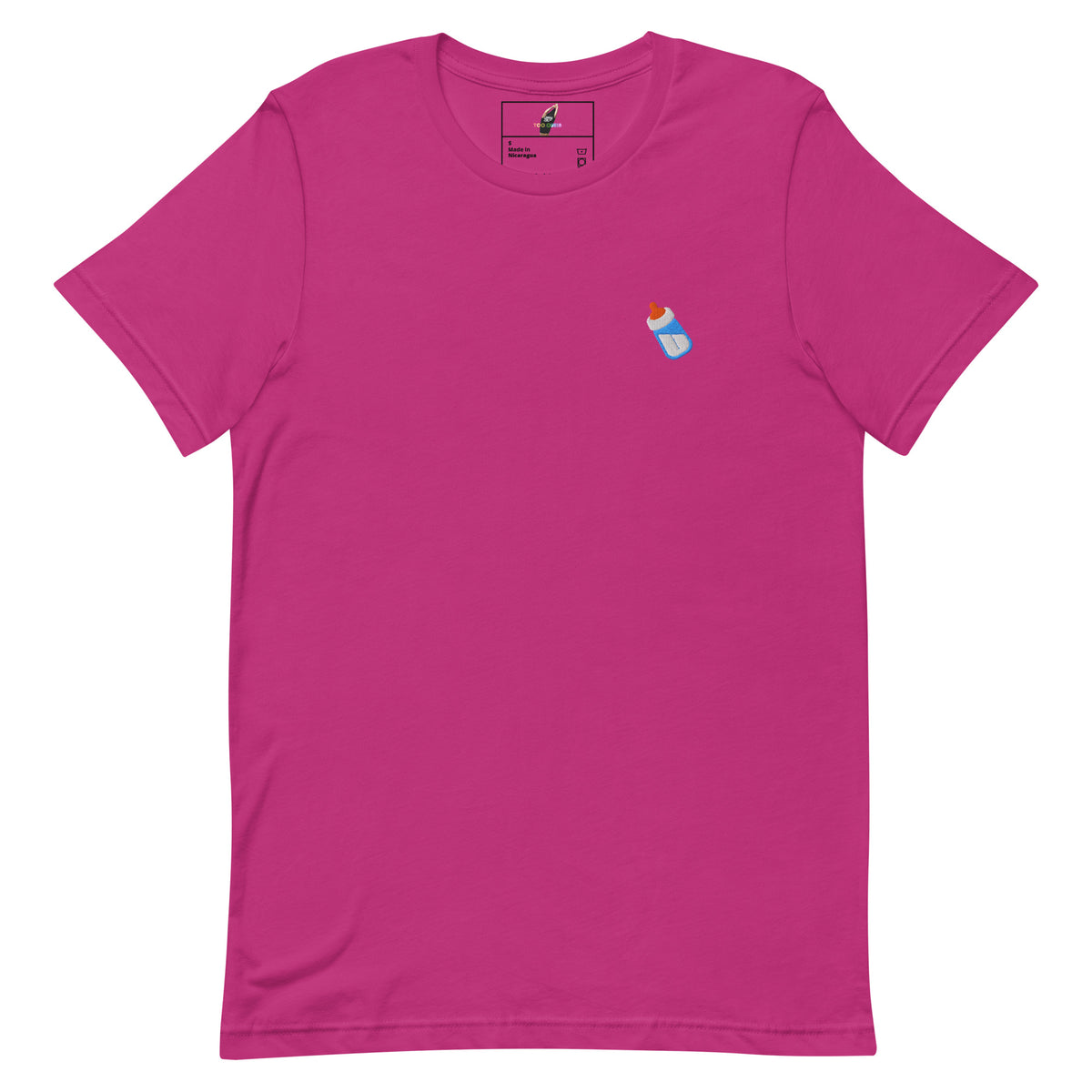 A bright magenta pink short-sleeve crewneck t-shirt with a small graphic of a baby bottle on the left chest, displayed on a clean white background.
