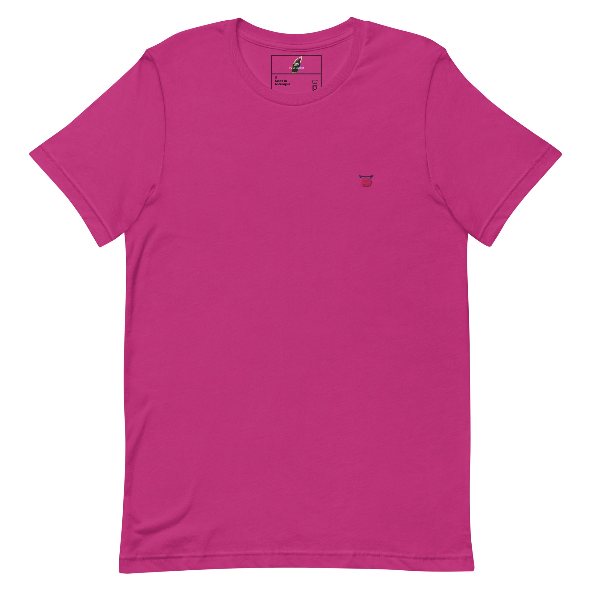 A bright pink short-sleeve crewneck t-shirt with a small yellow smiley face graphic on the left chest, displayed flat against a solid white background.