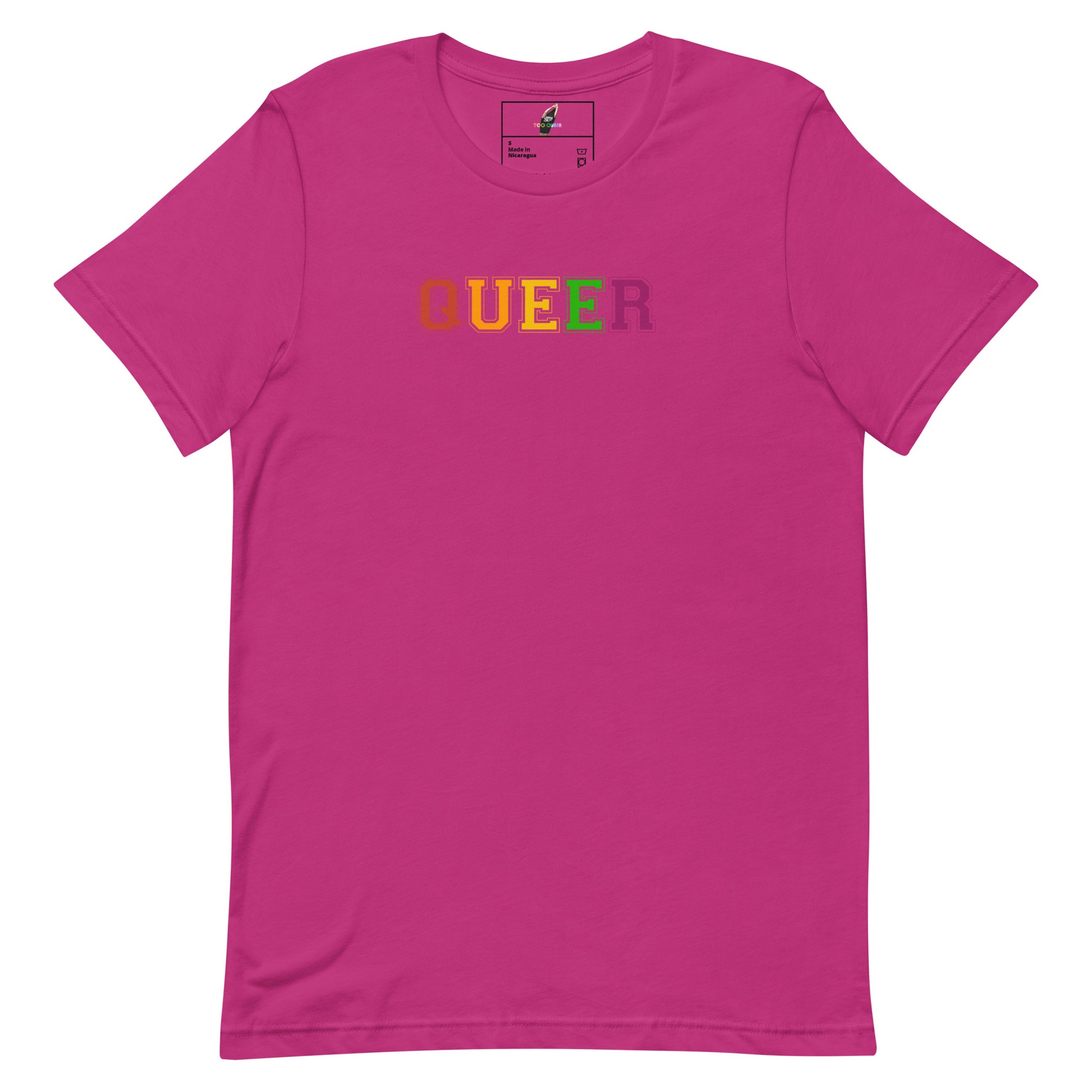 A bright pink short-sleeve crewneck t-shirt featuring the word 'QUEER' printed across the chest in a rainbow gradient of colors, displayed on a clean white background.