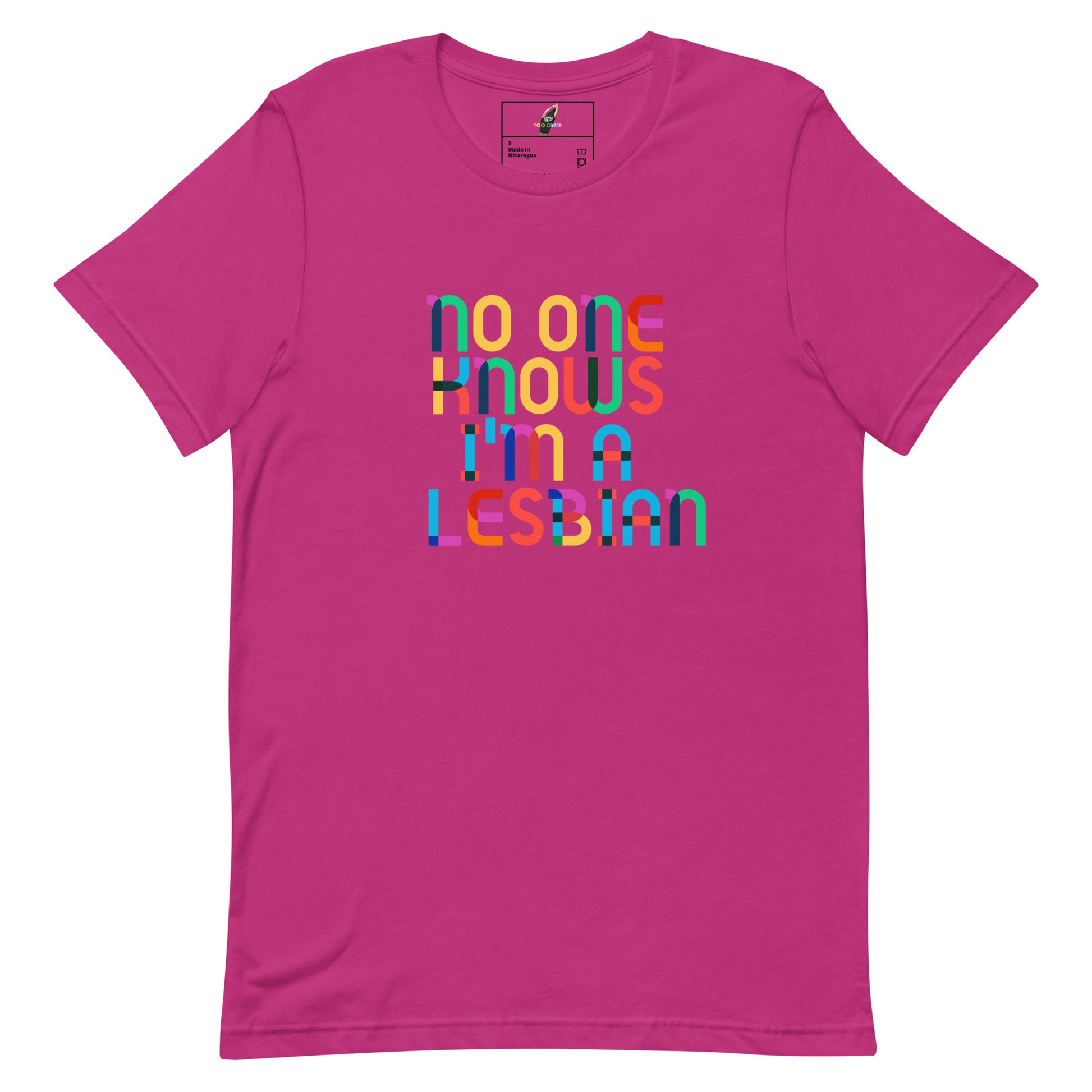 A bright pink short-sleeve t-shirt with a colorful retro-style text graphic on the chest that reads 'no one knows i'm a lesbian' in overlapping multicolored letters.