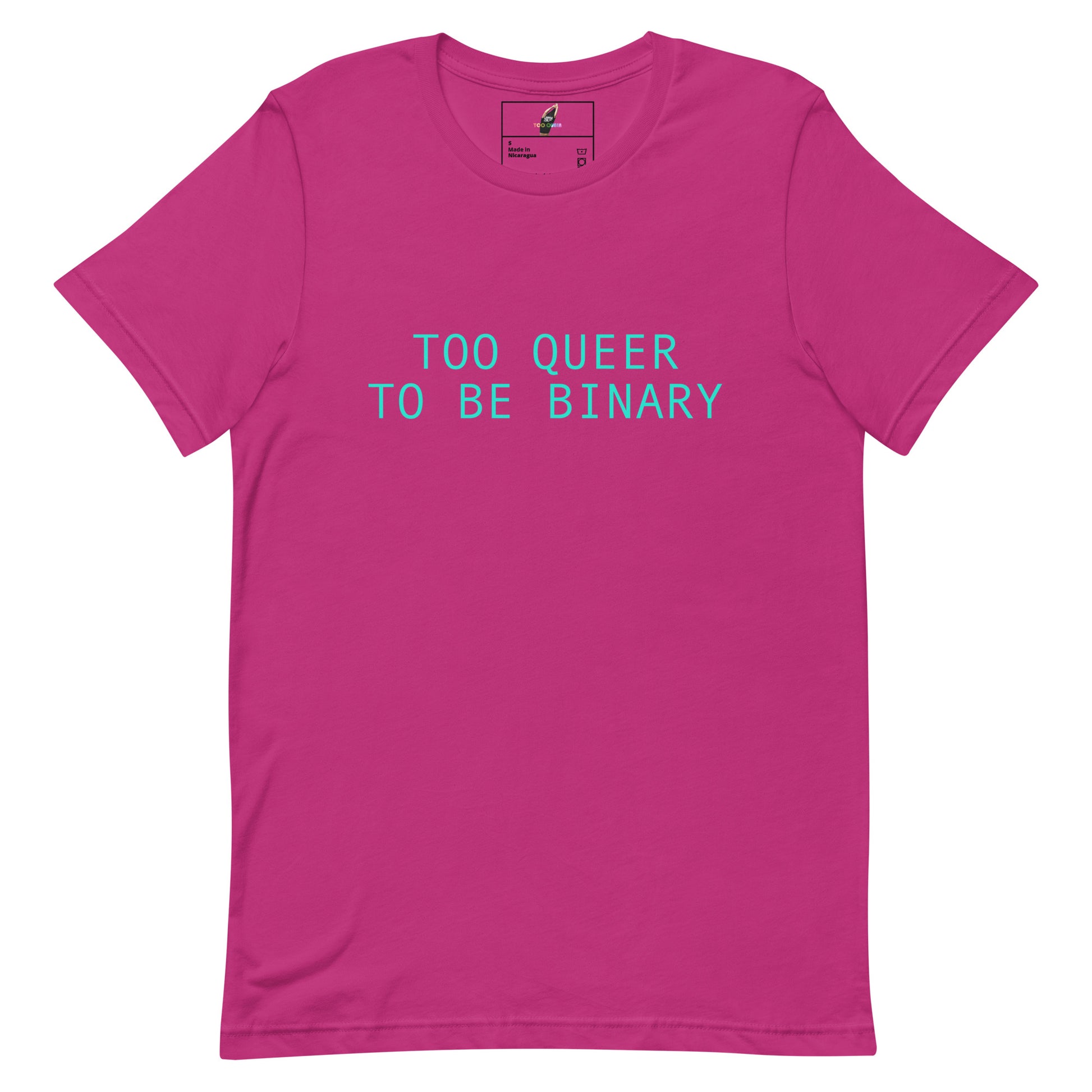 A bright pink short-sleeve crewneck t-shirt with the text 'TOO QUEER TO BE BINARY' printed in a light blue sans-serif font across the chest, displayed on a clean white background.