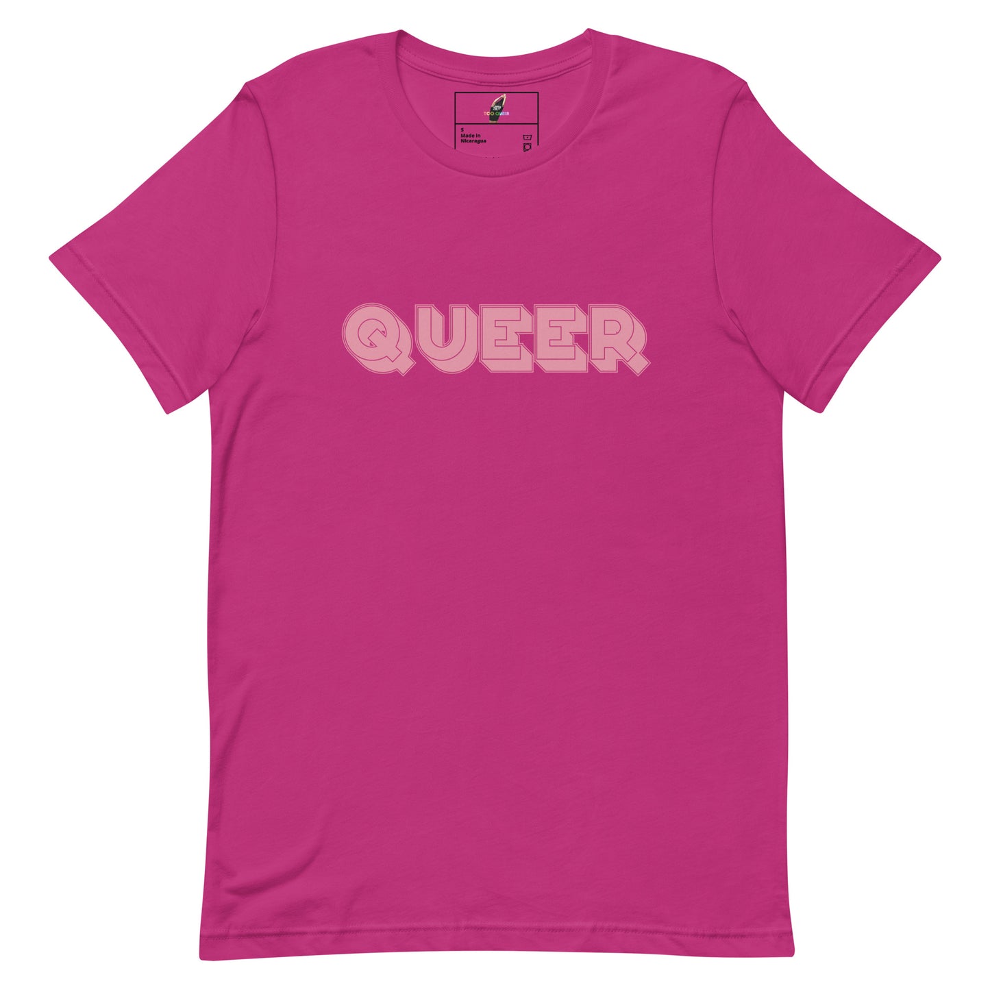 A bright pink short-sleeve crewneck t-shirt with the word 'QUEER' printed across the chest in a light pink bubble font, displayed on a clean white background.