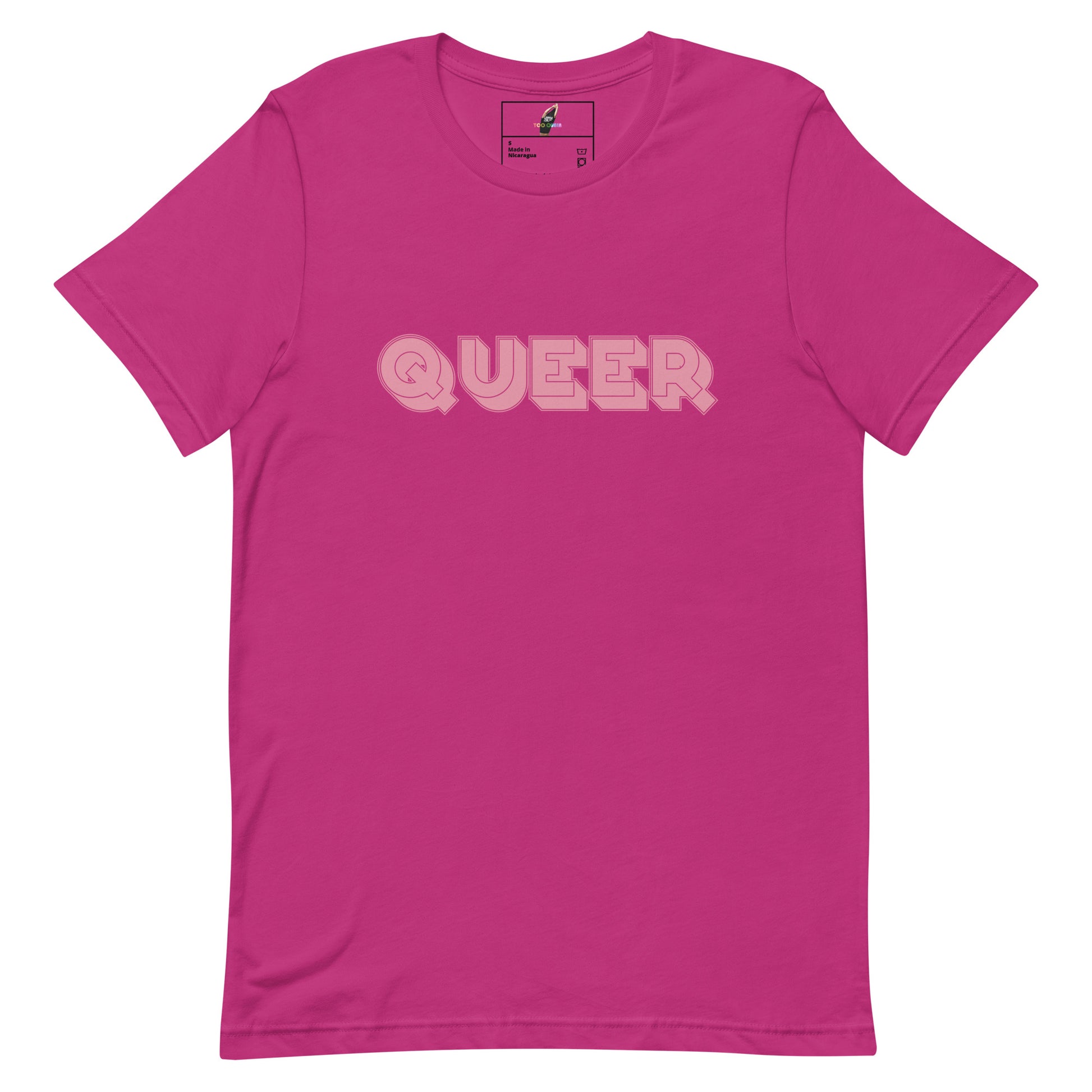 A bright pink short-sleeve crewneck t-shirt with the word 'QUEER' printed across the chest in a light pink bubble font, displayed on a clean white background.