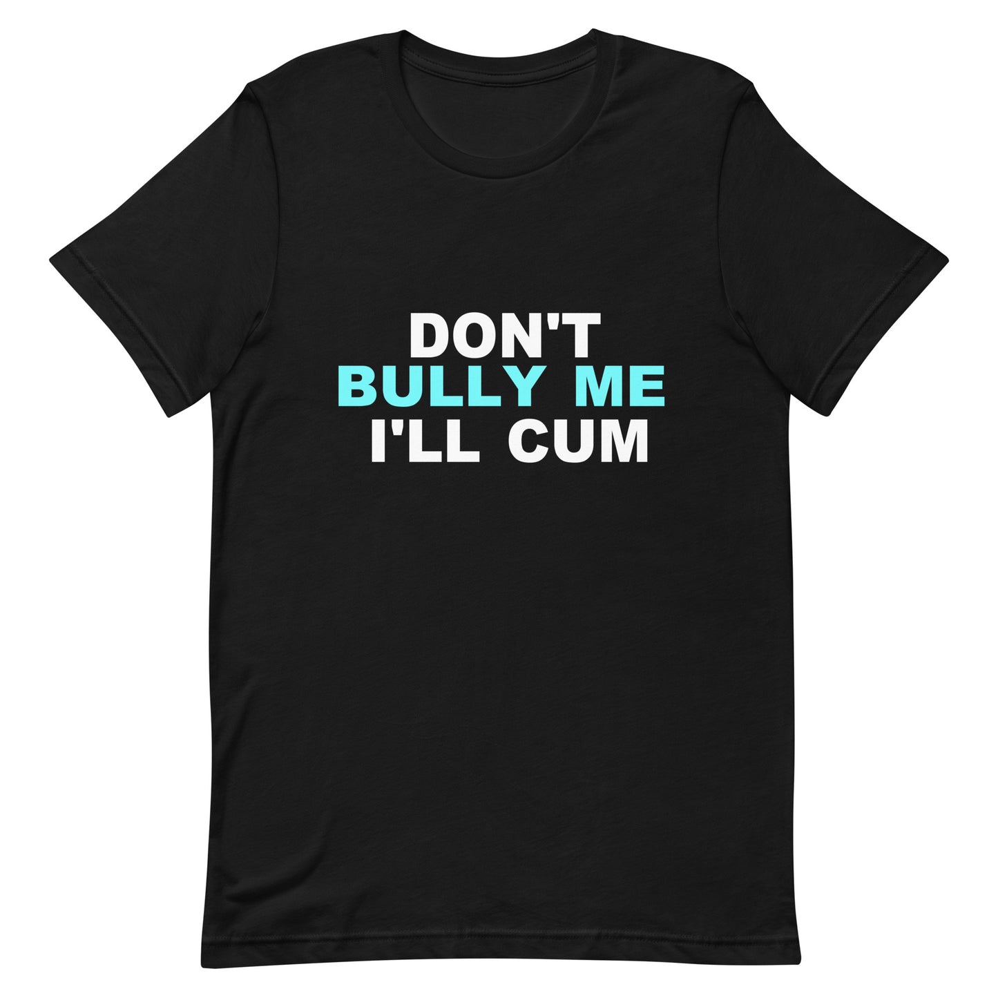 A black short-sleeve crewneck t-shirt with a bold text graphic on the chest reading 'DON'T BULLY ME I'LL CUM' in white and light blue lettering, displayed against a solid white background.