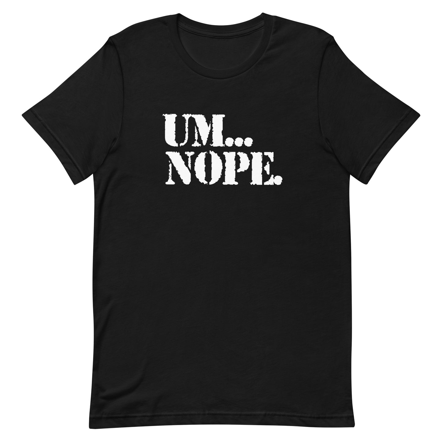A black short-sleeve crewneck t-shirt with the text 'UM.