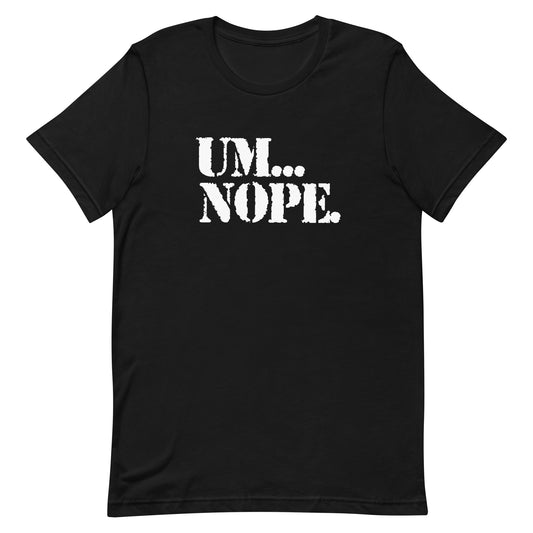 A black short-sleeve crewneck t-shirt with the text 'UM.