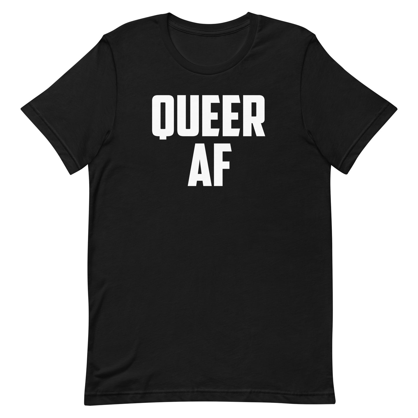 A black short-sleeve crewneck t-shirt with the words 'QUEER AF' printed in bold white capital letters across the chest, shown against a plain white background.
