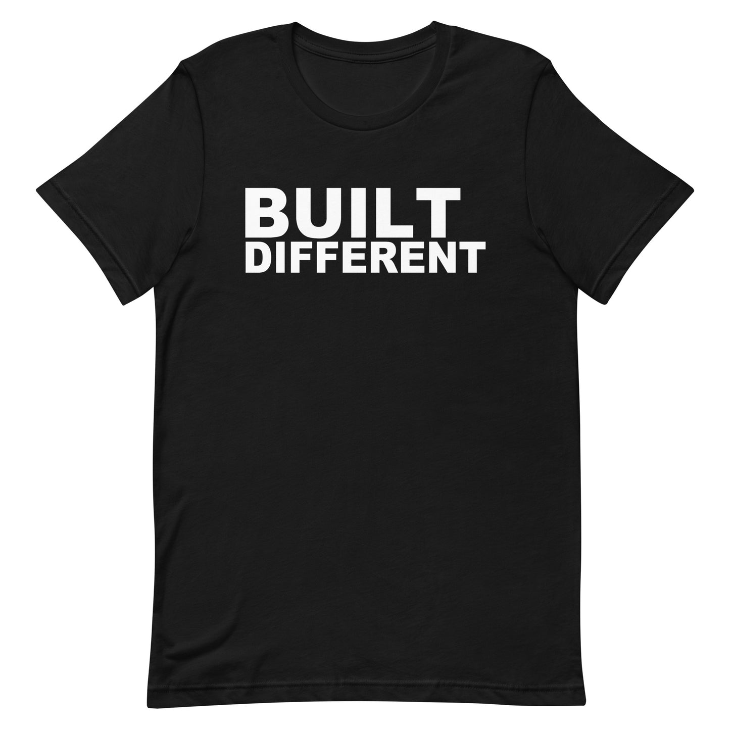 A black short-sleeve crewneck t-shirt with the words 'BUILT DIFFERENT' printed in bold white capital letters across the chest, shown on a plain white background.