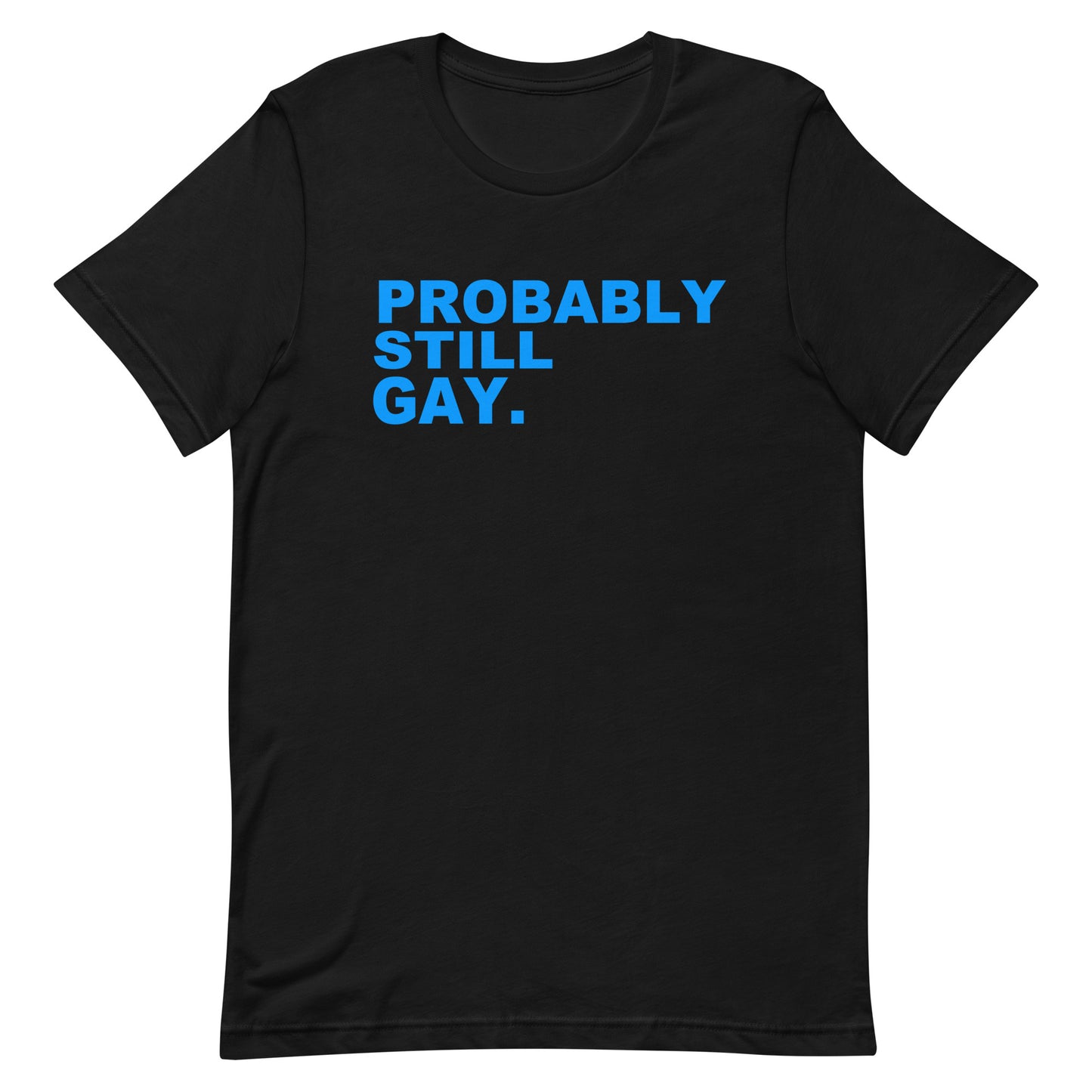 A black short-sleeve crewneck t-shirt with the phrase 'PROBABLY STILL GAY.' printed in blue block letters across the chest, displayed on a solid white background.