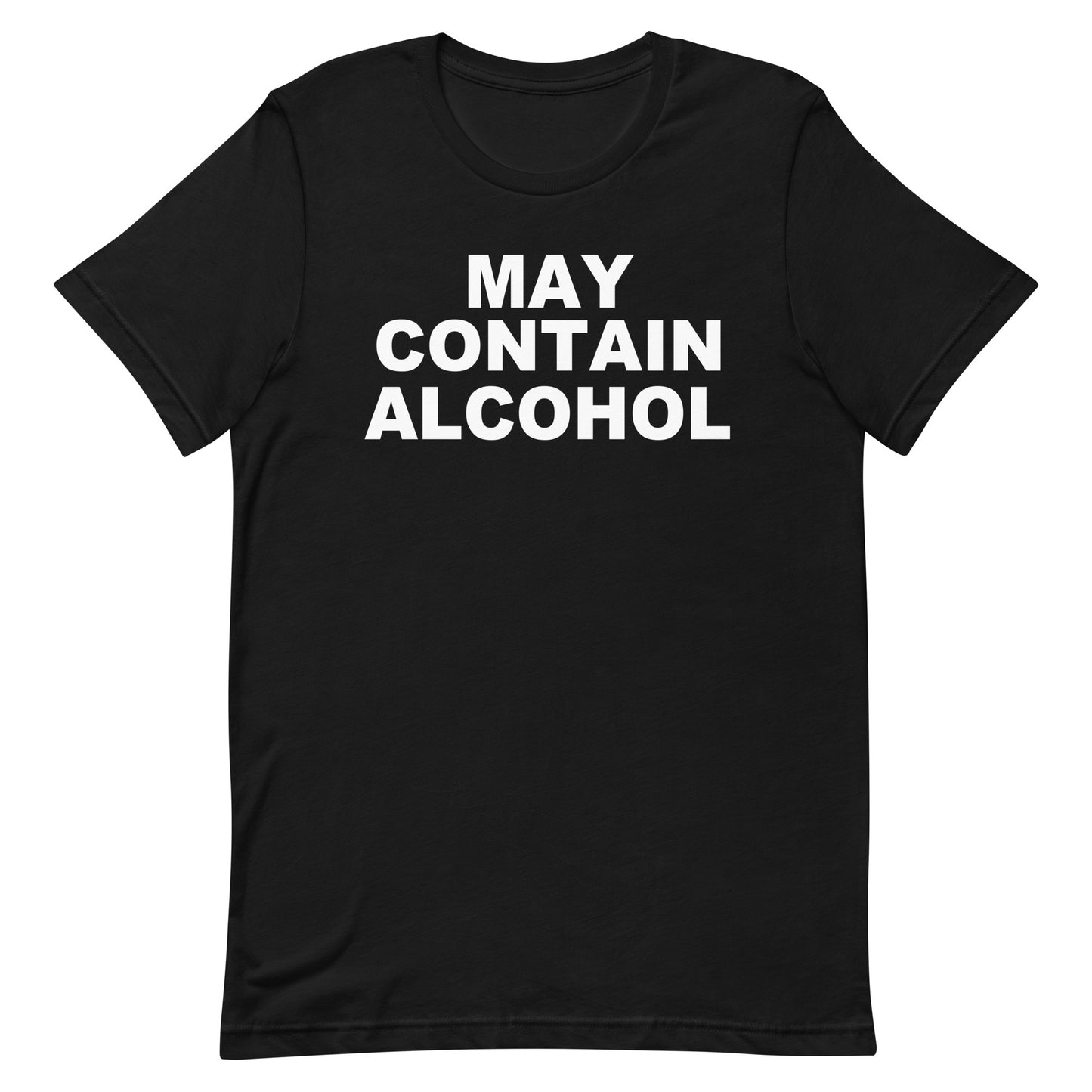 A black short-sleeve crewneck t-shirt with the text 'MAY CONTAIN ALCOHOL' printed in bold white capital letters on the chest, shown against a plain white background.