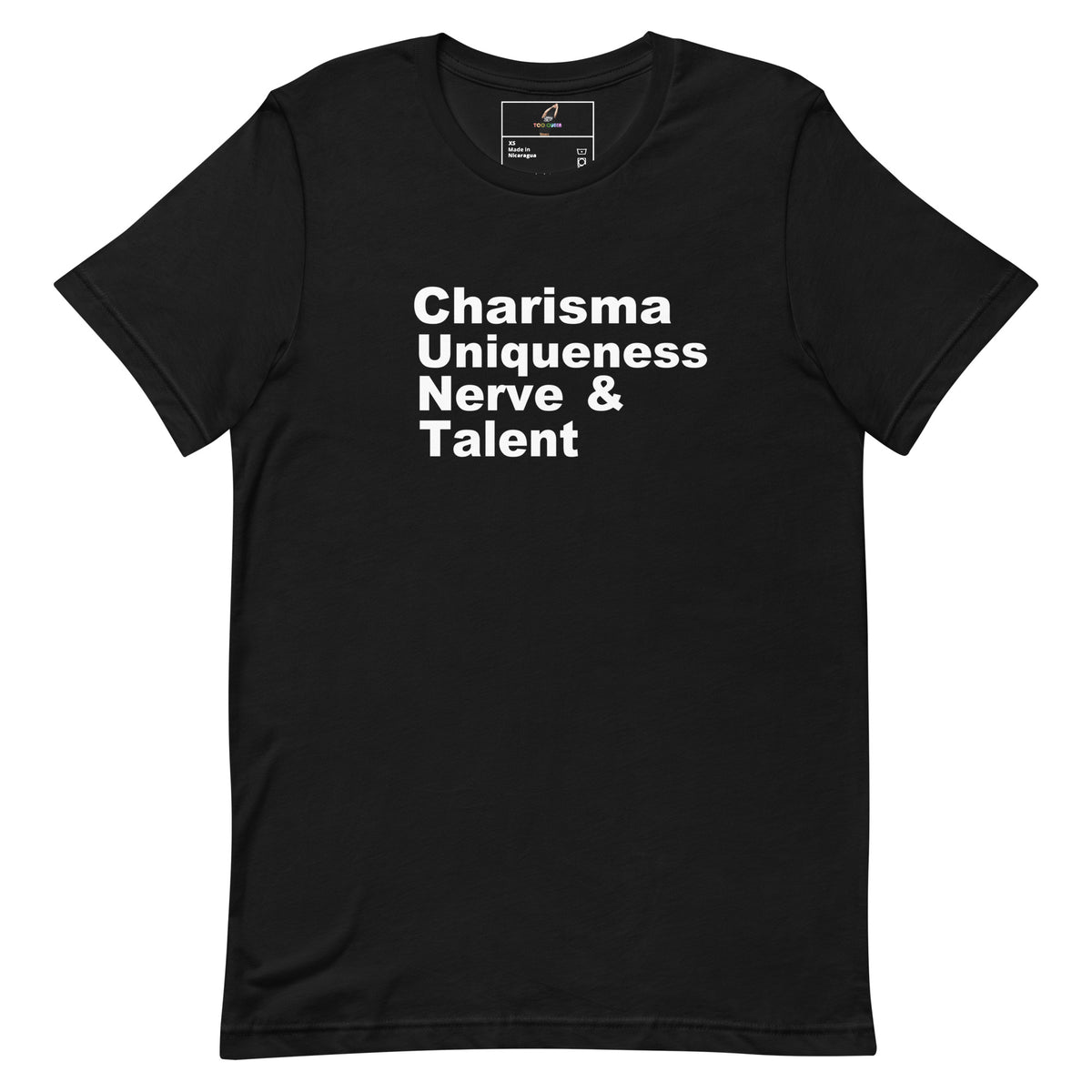 A black short-sleeve crewneck t-shirt with the words 'Charisma Uniqueness Nerve & Talent' printed in white sans-serif text across the chest, displayed on a solid white background.