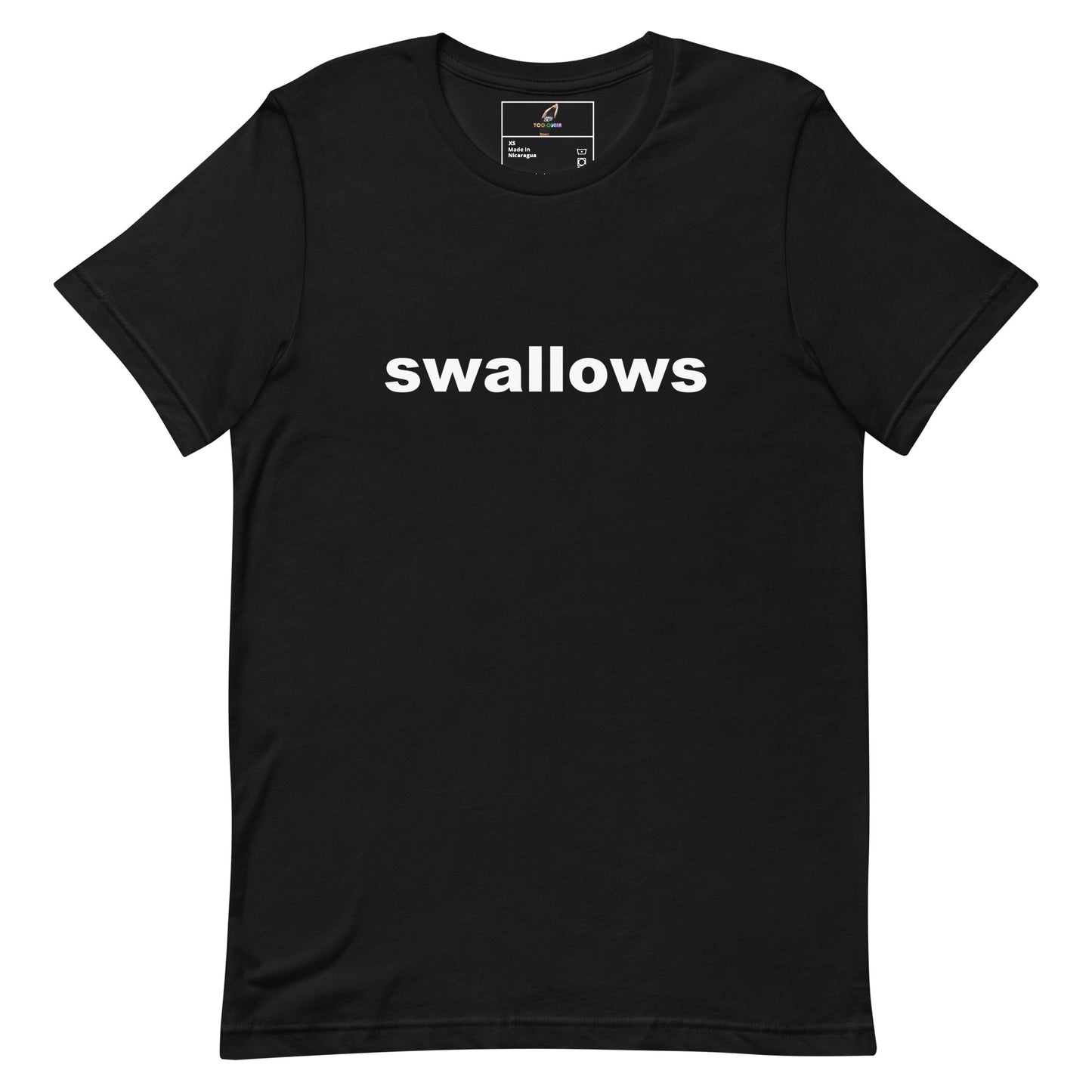 Navy blue t-shirt with white graphic of two cats at a record player and 'Oh, I love this record' text.