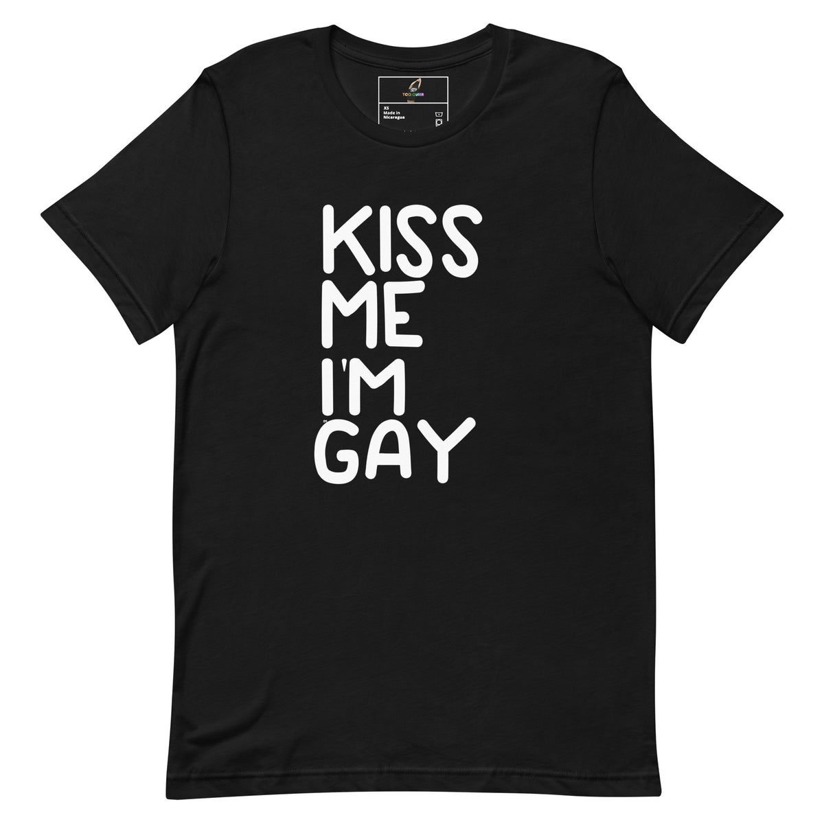 A black short-sleeve crewneck t-shirt with the phrase 'KISS ME I'M GAY' printed vertically in bold white letters on the front, displayed against a solid white background.
