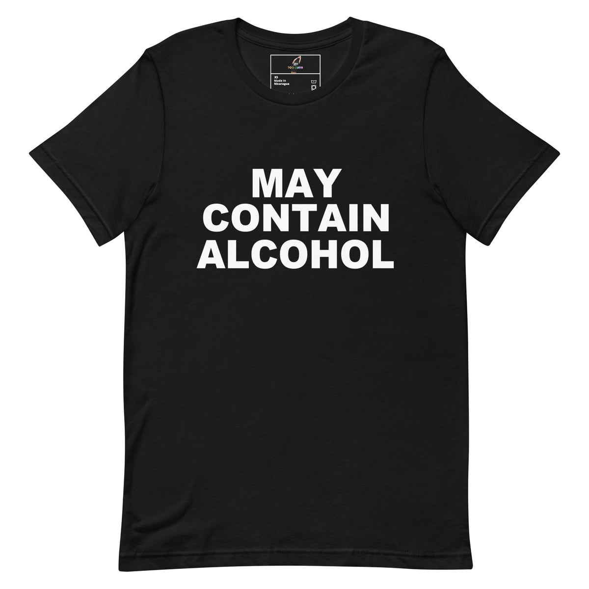A black short-sleeve crewneck t-shirt with the phrase 'MAY CONTAIN ALCOHOL' printed in bold white capital letters across the chest, displayed flat against a solid white background.
