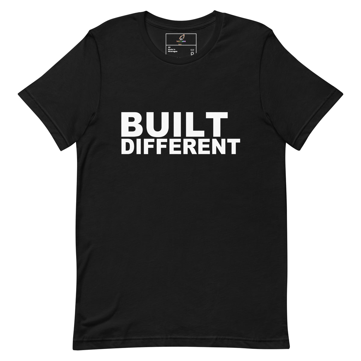 A black short-sleeve crewneck t-shirt with the words 'BUILT DIFFERENT' printed in bold white capital letters across the chest, displayed on a solid white background.