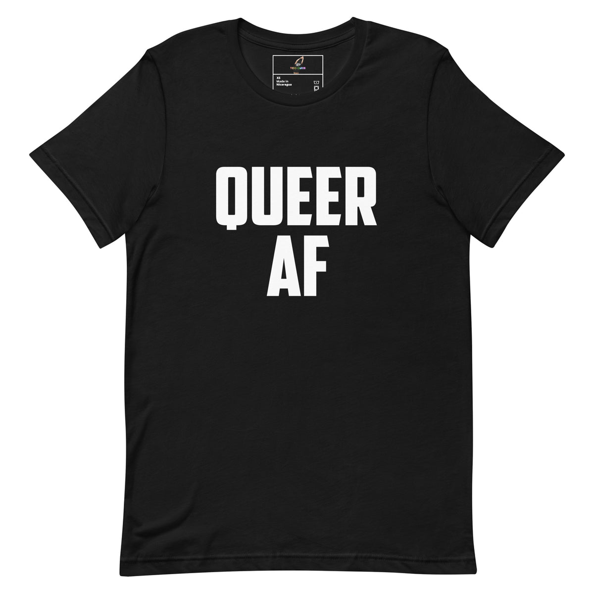 A black short-sleeve crewneck t-shirt with the words 'QUEER AF' printed in bold white capital letters across the chest, displayed flat against a solid white background.