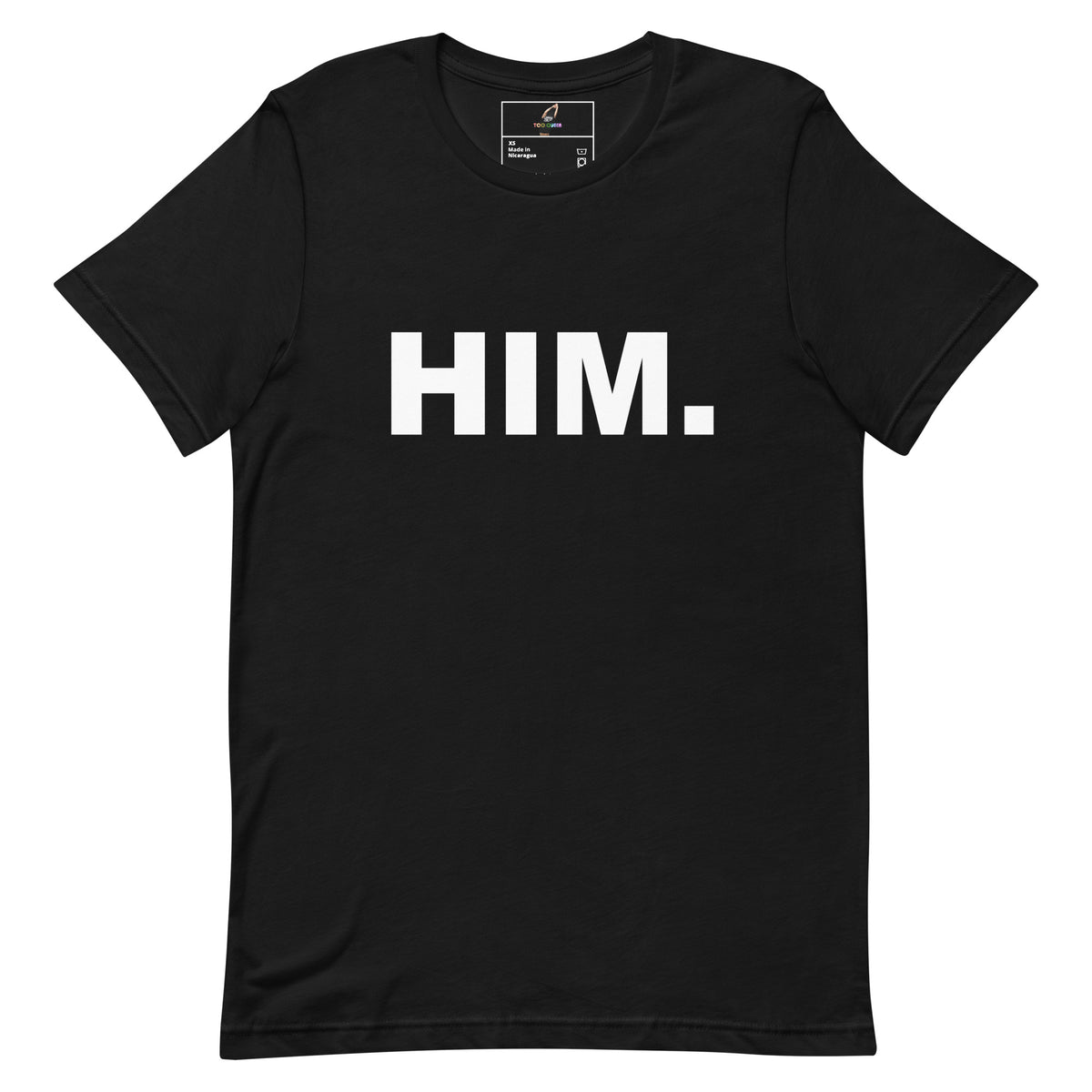 A black short-sleeve crewneck t-shirt with the word 'HIM.' printed in bold white capital letters across the chest, displayed flat against a solid white background.