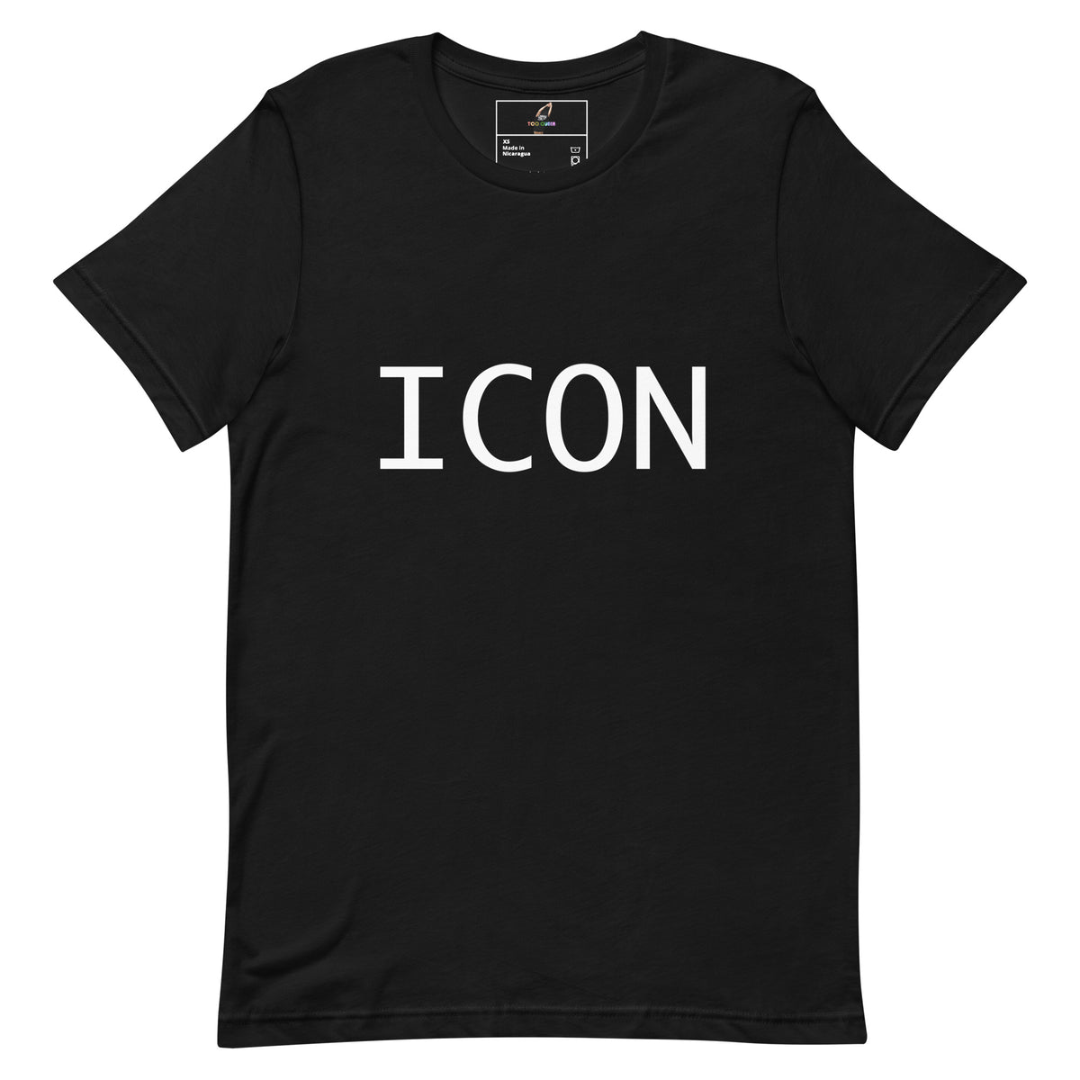 A black short-sleeve crewneck t-shirt with the word 'ICON' printed in bold white capital letters across the chest, displayed flat against a solid white background.