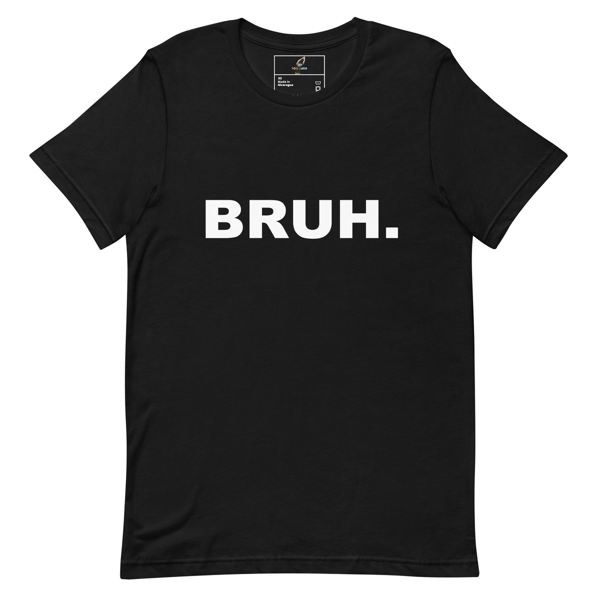 A black short-sleeve crewneck t-shirt with the word 'BRUH.' printed in bold white capital letters across the chest, displayed flat against a solid white background.