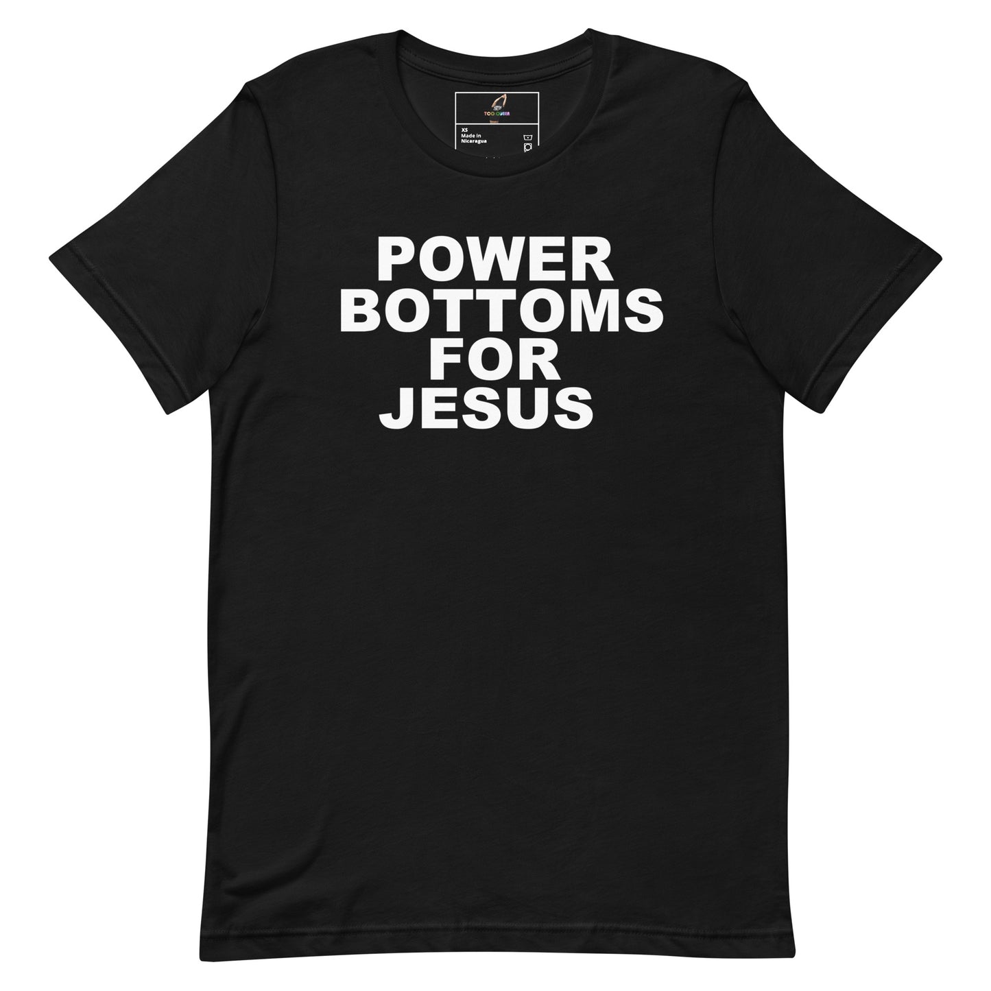 Black t-shirt with a graphic design on a white background