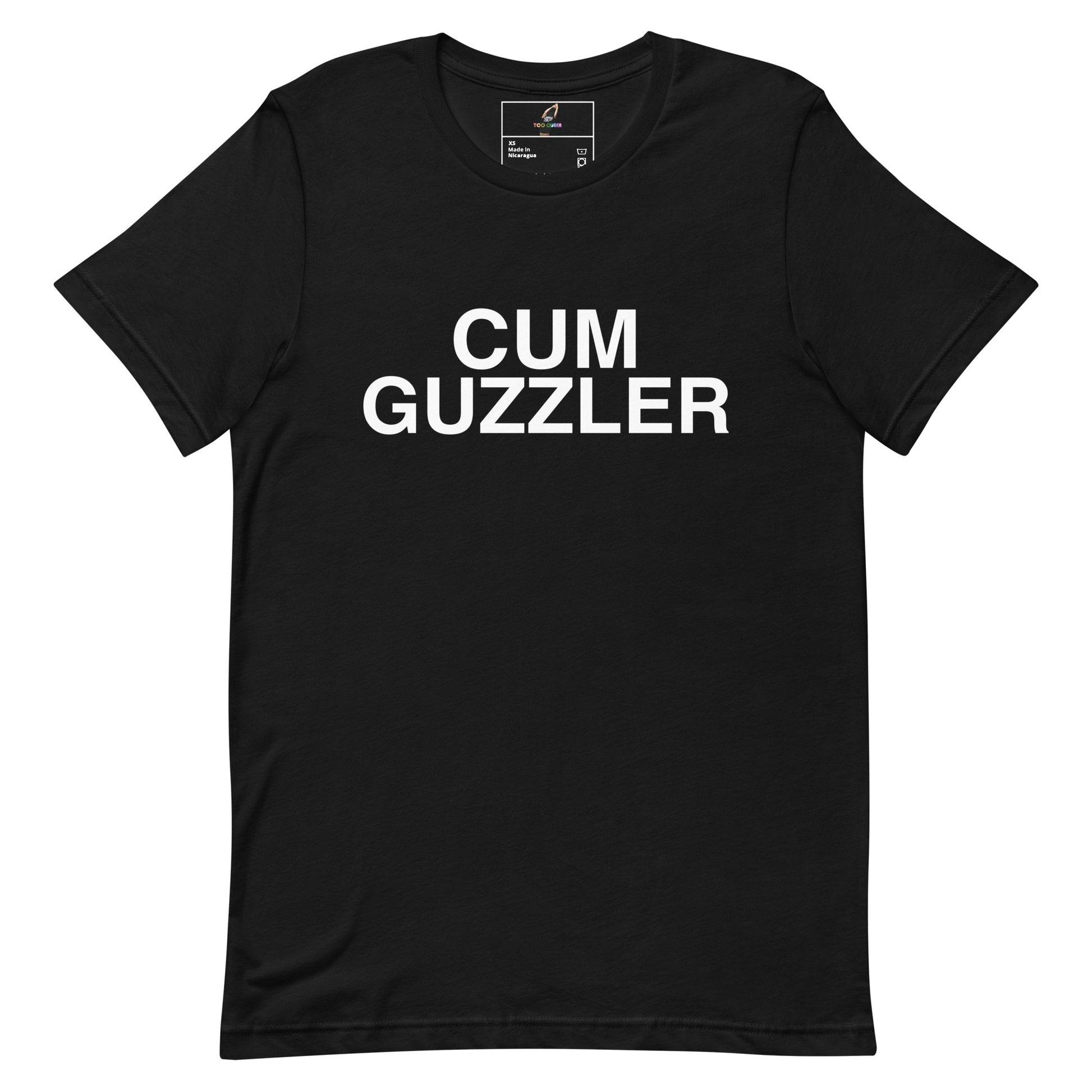 A black short-sleeve crewneck t-shirt with the words 'CUM GUZZLER' printed in bold white capital letters across the chest, displayed on a solid white background.