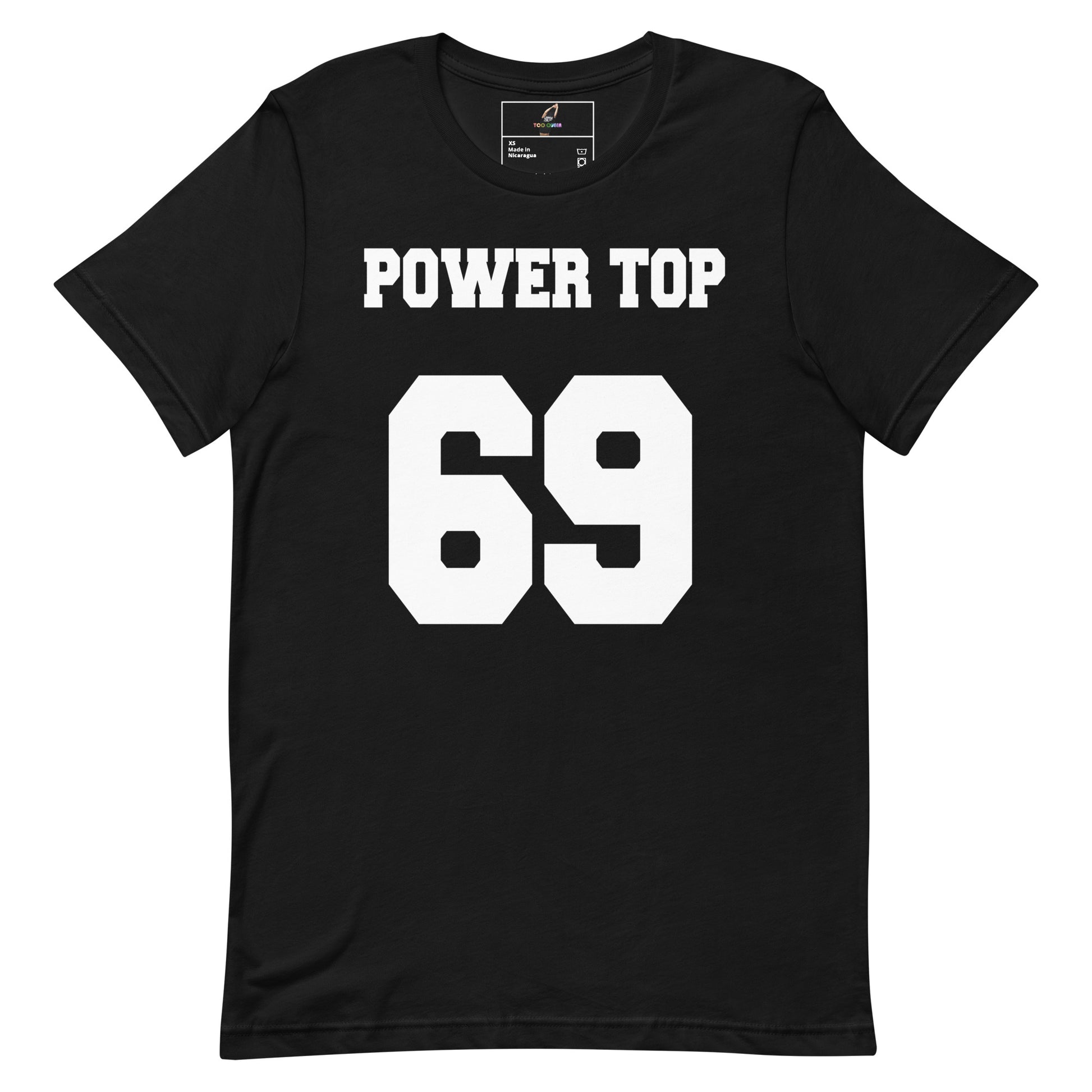 A black short-sleeve crewneck t-shirt with 'POWER TOP' and the number '69' printed in bold white block letters on the front, displayed against a solid white background.