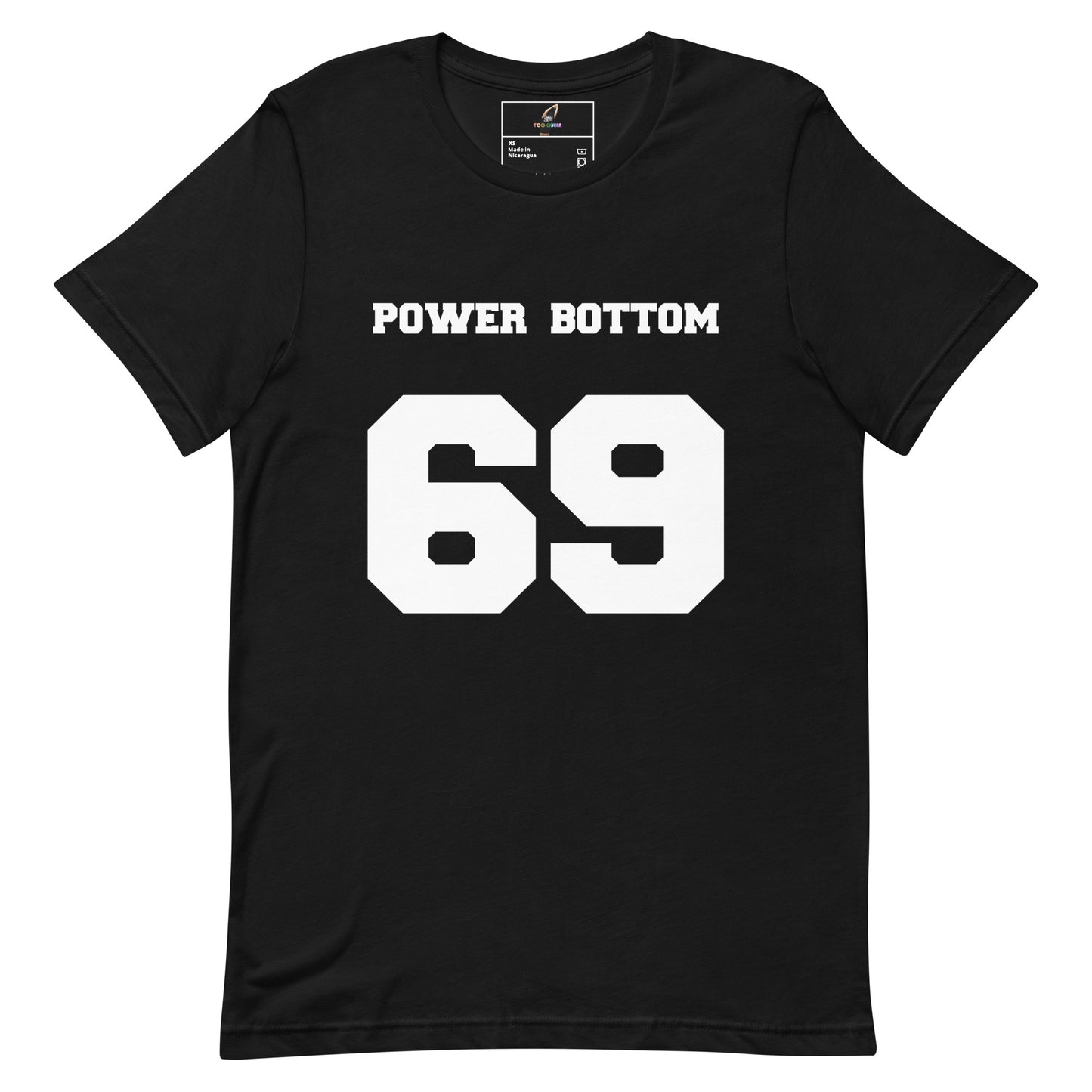 A black short-sleeve crewneck t-shirt with 'POWER BOTTOM' printed in white block letters above a large white '69' graphic on the front, shown against a plain white background.