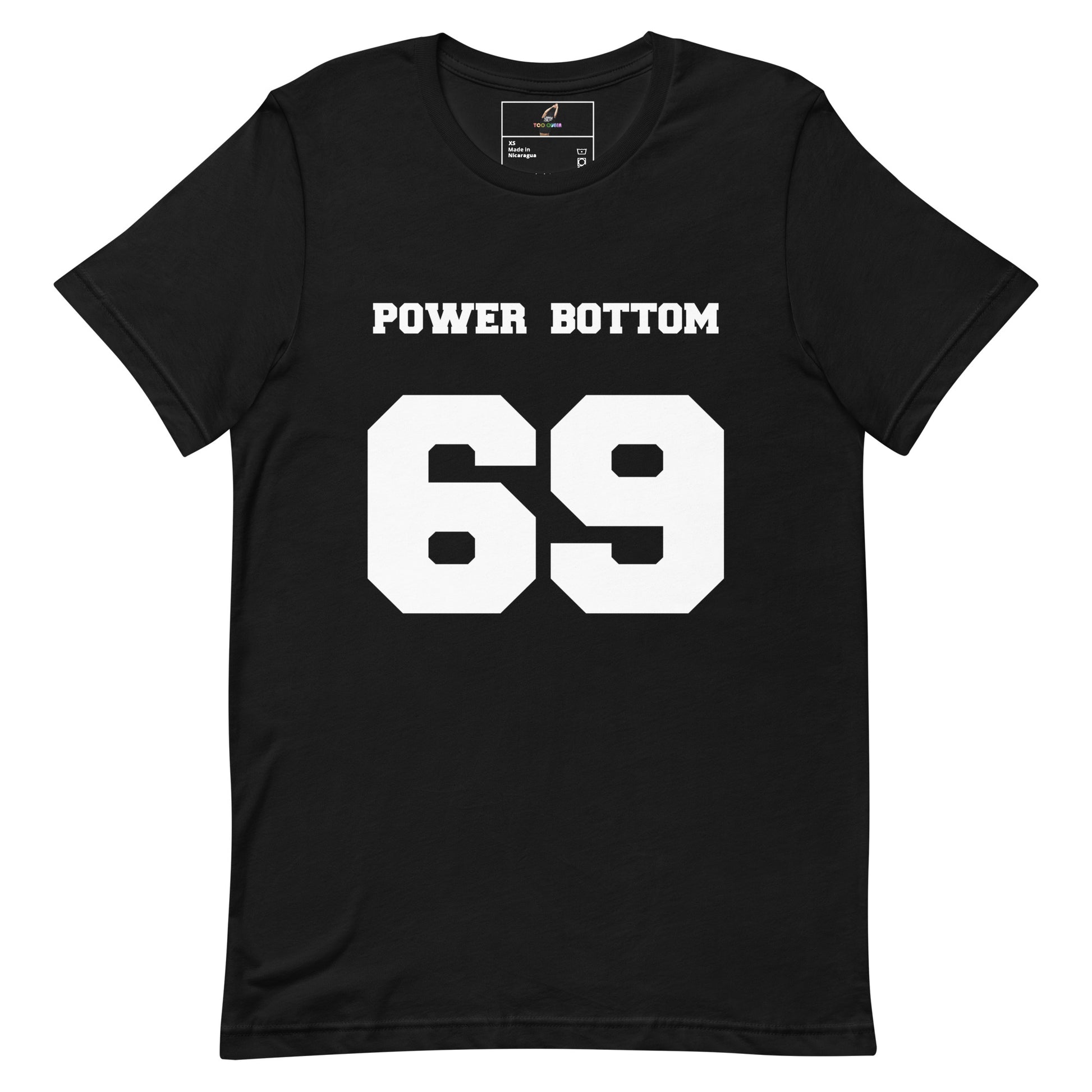 A black short-sleeve crewneck t-shirt with 'POWER BOTTOM' printed in white block letters above a large white '69' graphic on the front, shown against a plain white background.