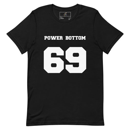 A black short-sleeve crewneck t-shirt with 'POWER BOTTOM' printed in white block letters above a large white '69' graphic on the front, shown against a plain white background.
