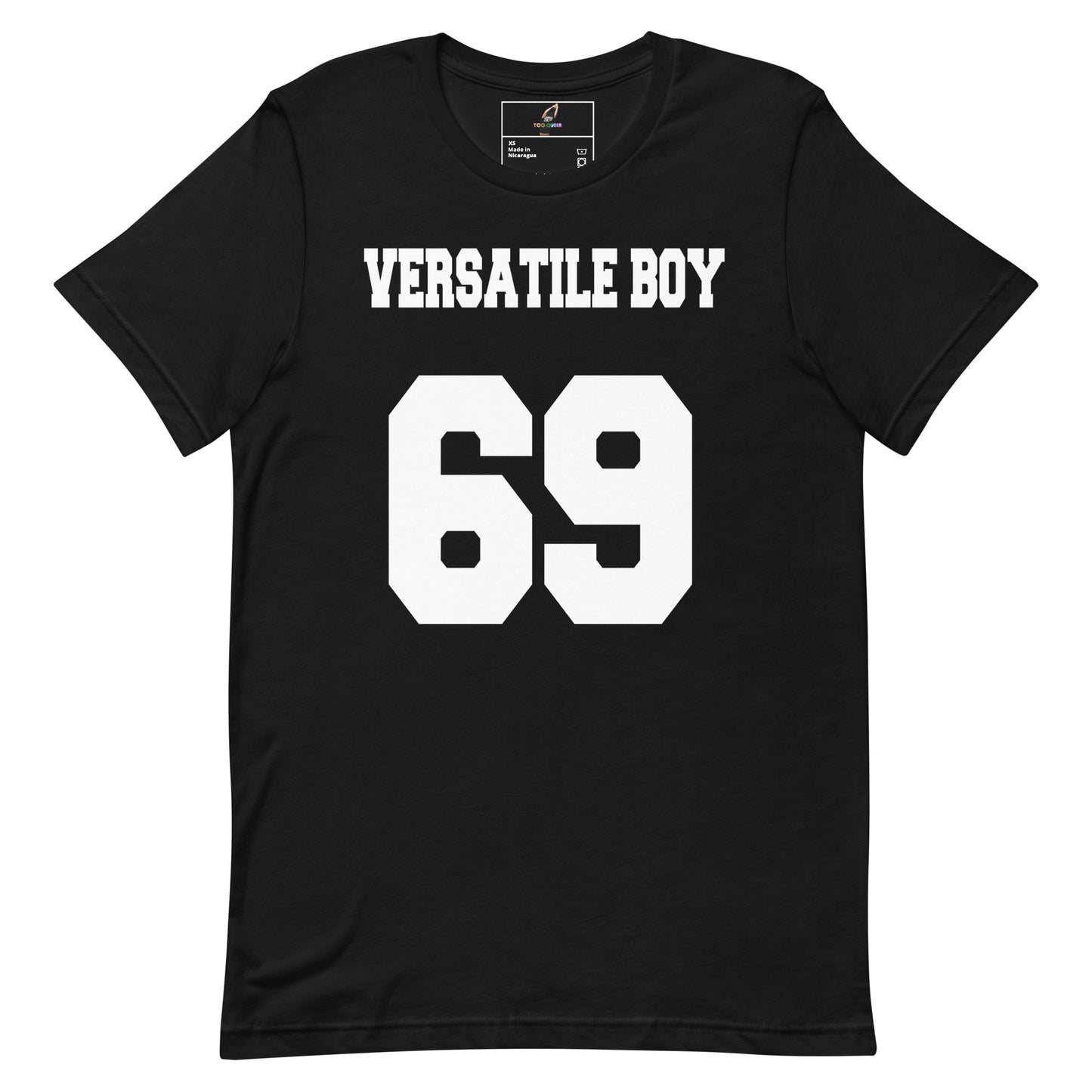 A black short-sleeve crewneck t-shirt with 'VERSATILE BOY' and the number '69' printed in bold white block letters on the front, displayed against a solid white background.
