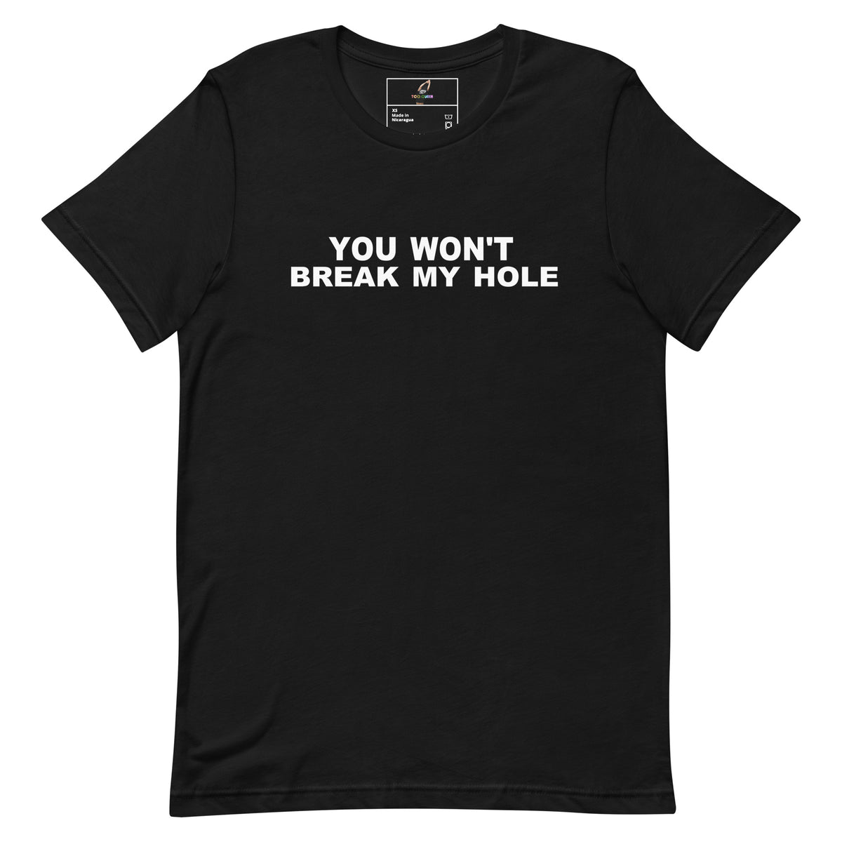 Black t-shirt with 'texas babe' text and colorful stripes on a white background