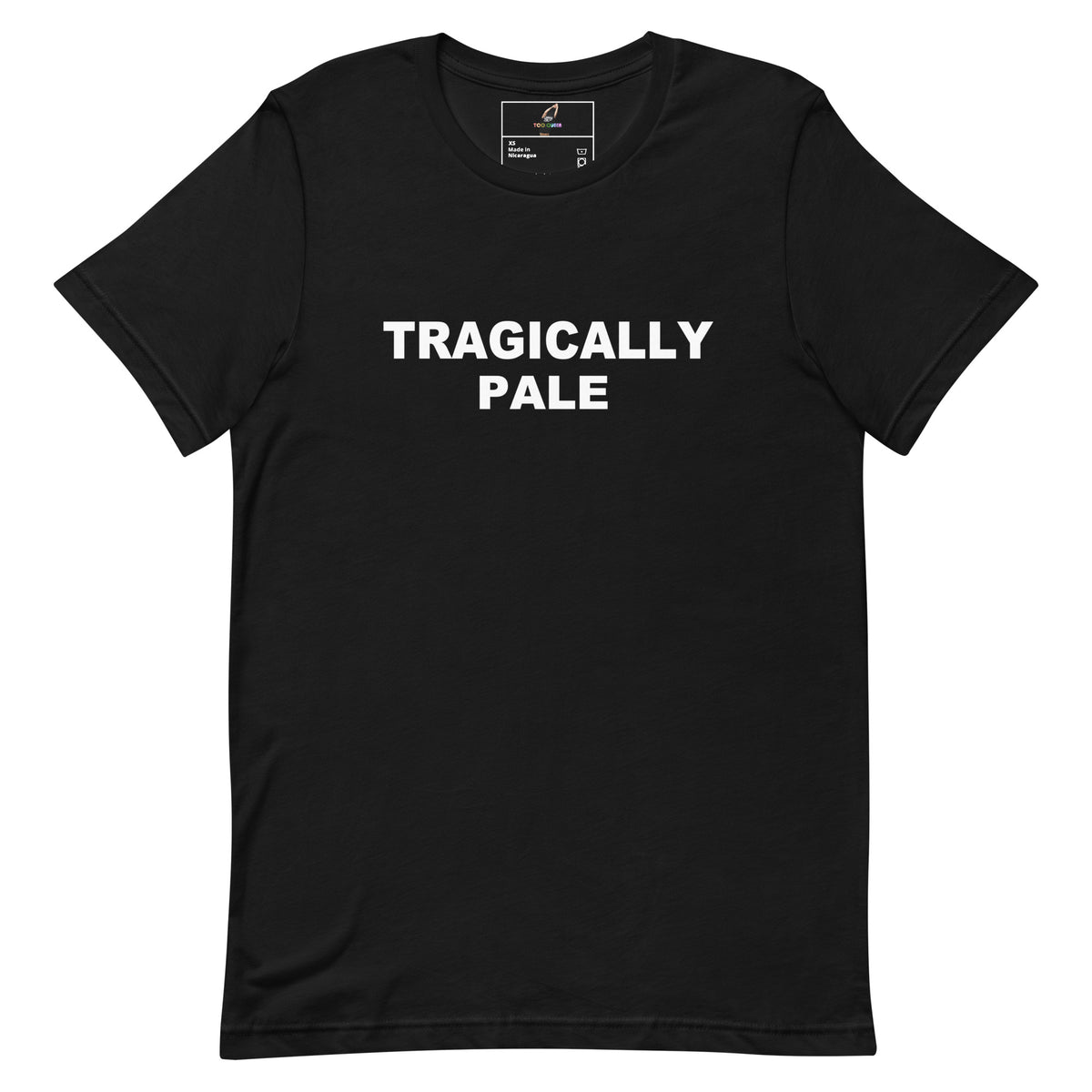 Black t-shirt with a white logo and text on a white background