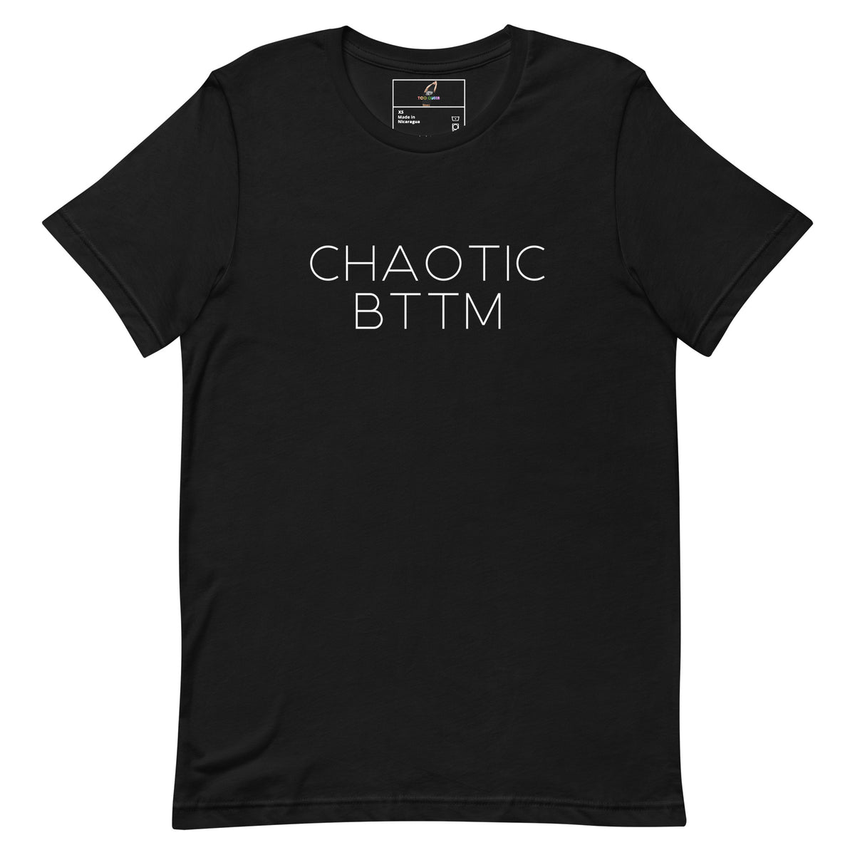Navy blue t-shirt with white graphic of two cats at a record player and 'Oh, I love this record' text.