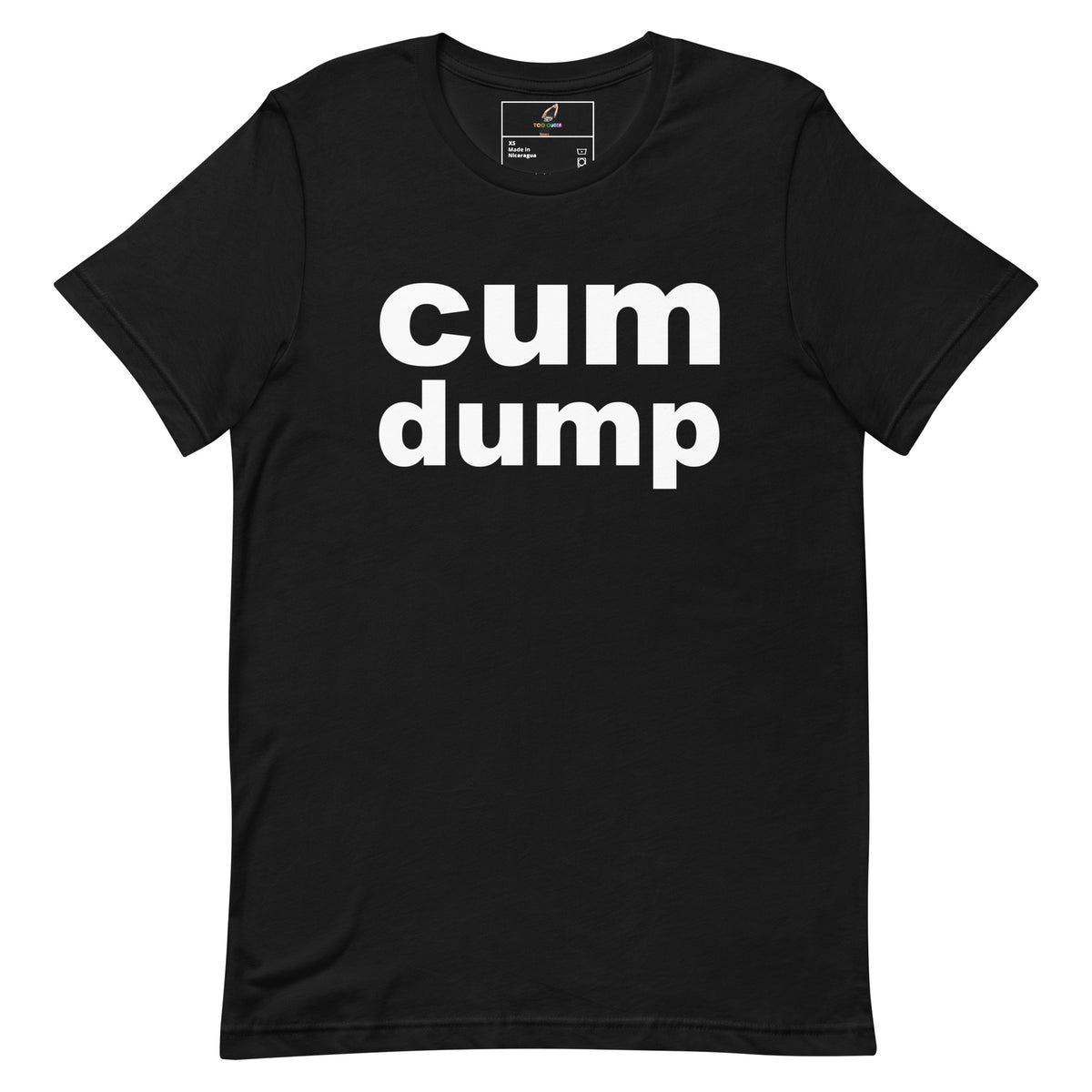 A black short-sleeve crewneck t-shirt with the words 'cum dump' printed in bold white sans-serif letters across the chest, displayed flat against a solid white background.