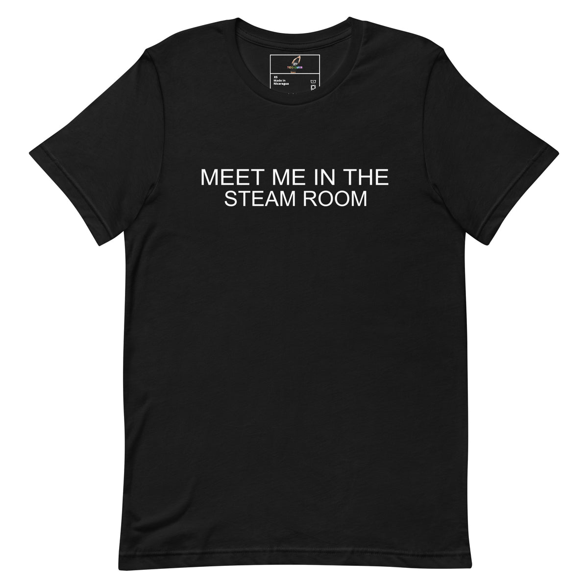 Black t-shirt with white text on a white background