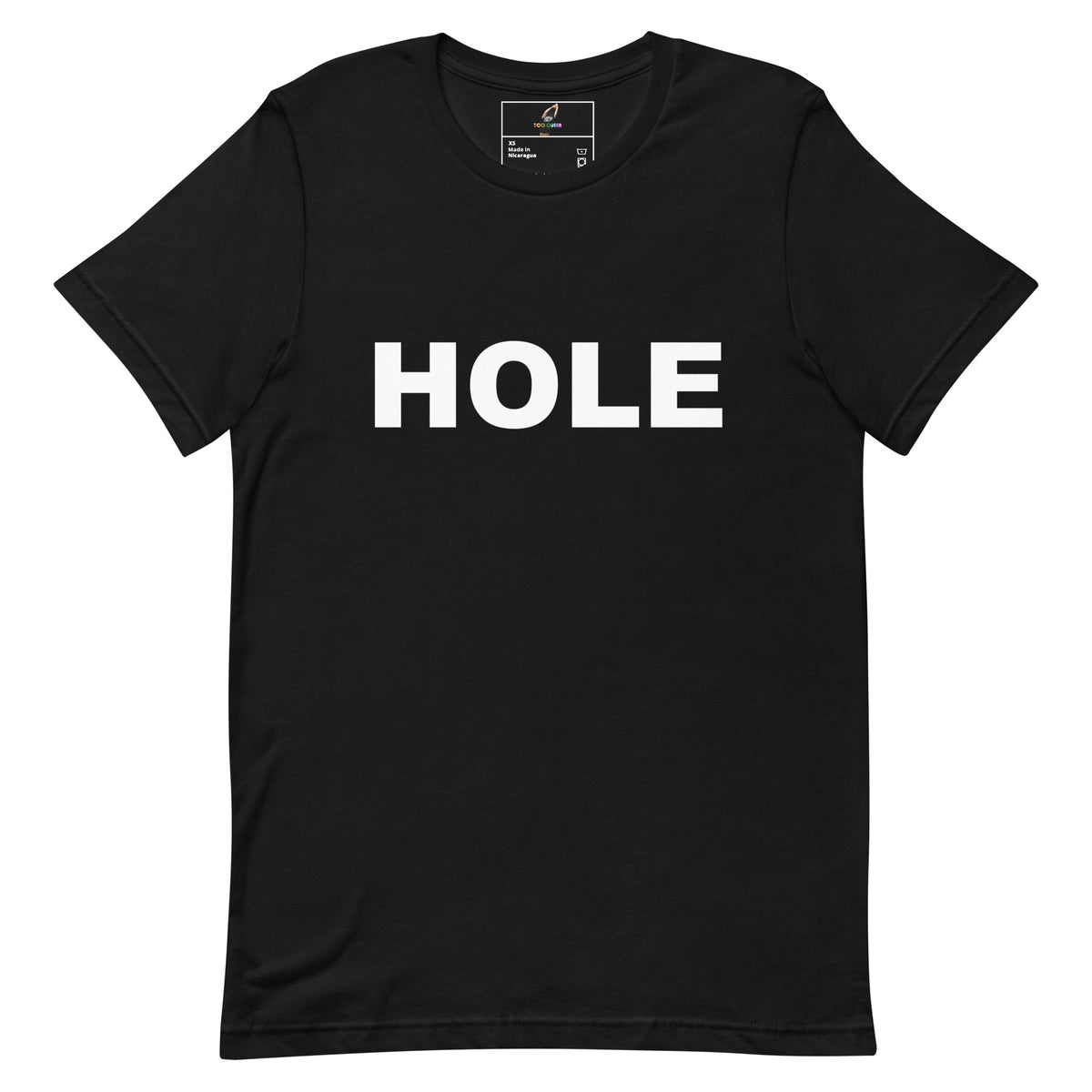 A black short-sleeve crewneck t-shirt with the word 'HOLE' printed in bold white capital letters across the chest, displayed flat against a solid white background.