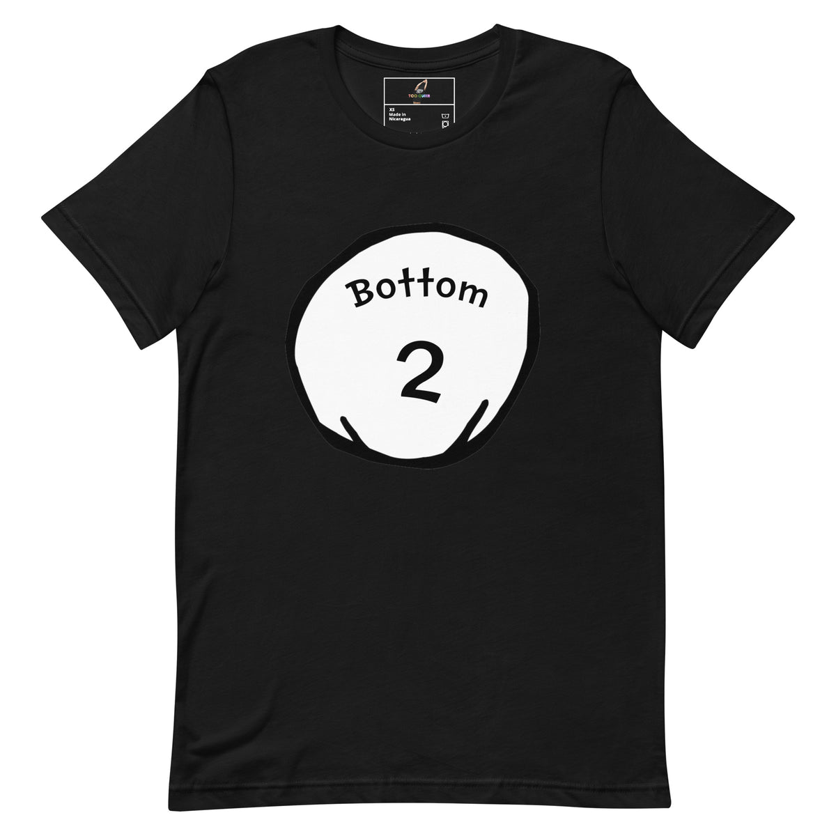 A black short-sleeve crewneck t-shirt featuring a white hand-drawn style graphic of a cartoon character wearing a wizard hat and holding a scroll.