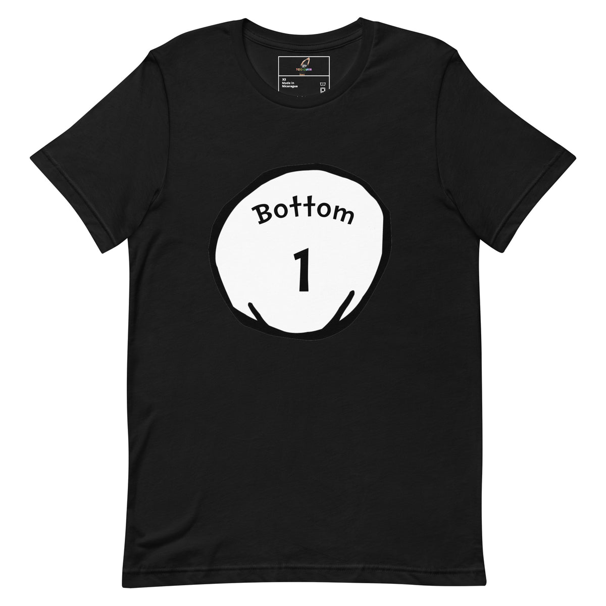 A black short-sleeve crewneck t-shirt with a white circular graphic on the chest containing the text 'Bottom 1'.